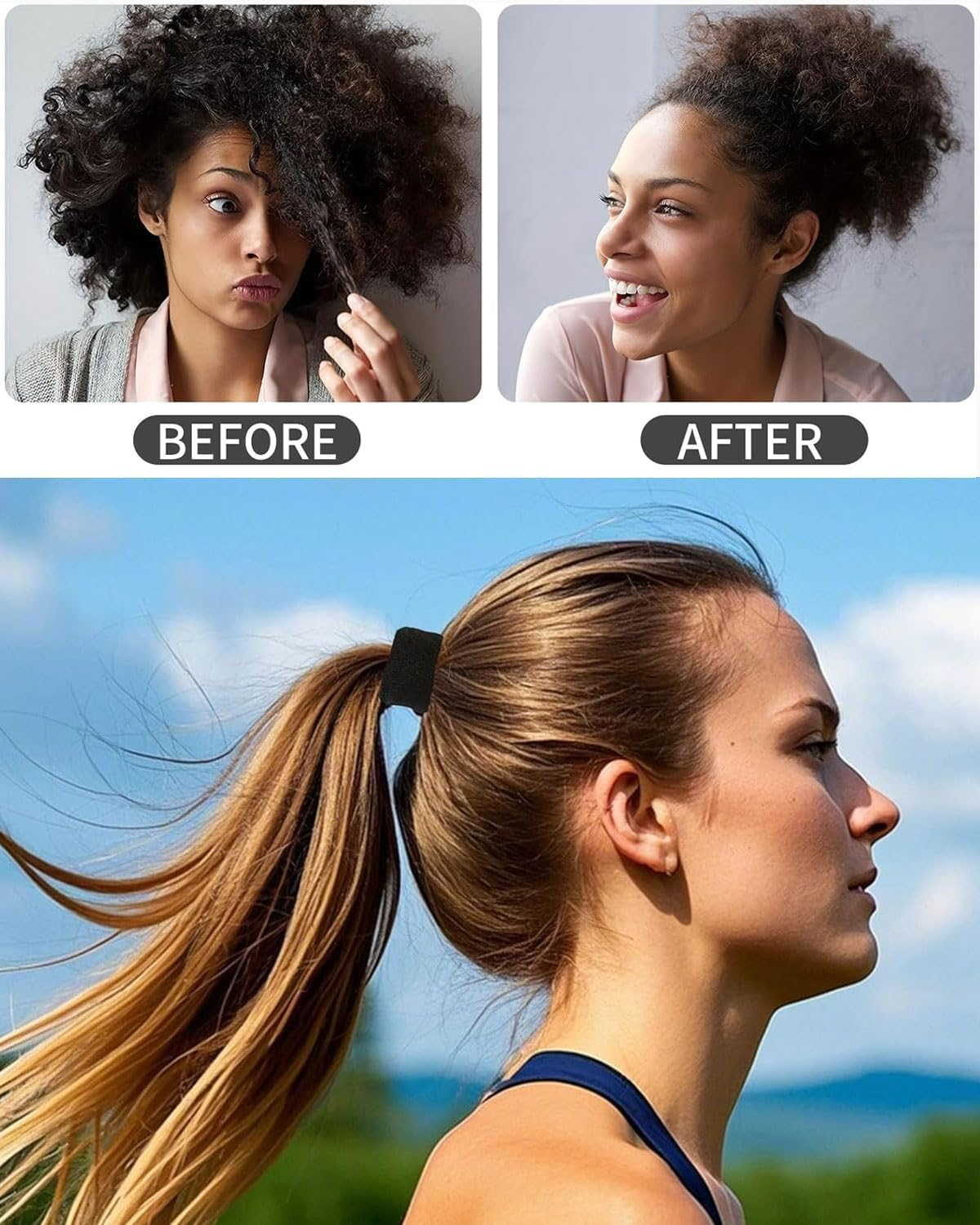 WUNZILO Pack of 10 Hair Bands for Women Girls Large Elastic Strong Hair Bobbles Seamless Cotton Holder Ties Stretching Ponytail Hair Pompoms for Thick Heavy Curly Hair, Black image number 3