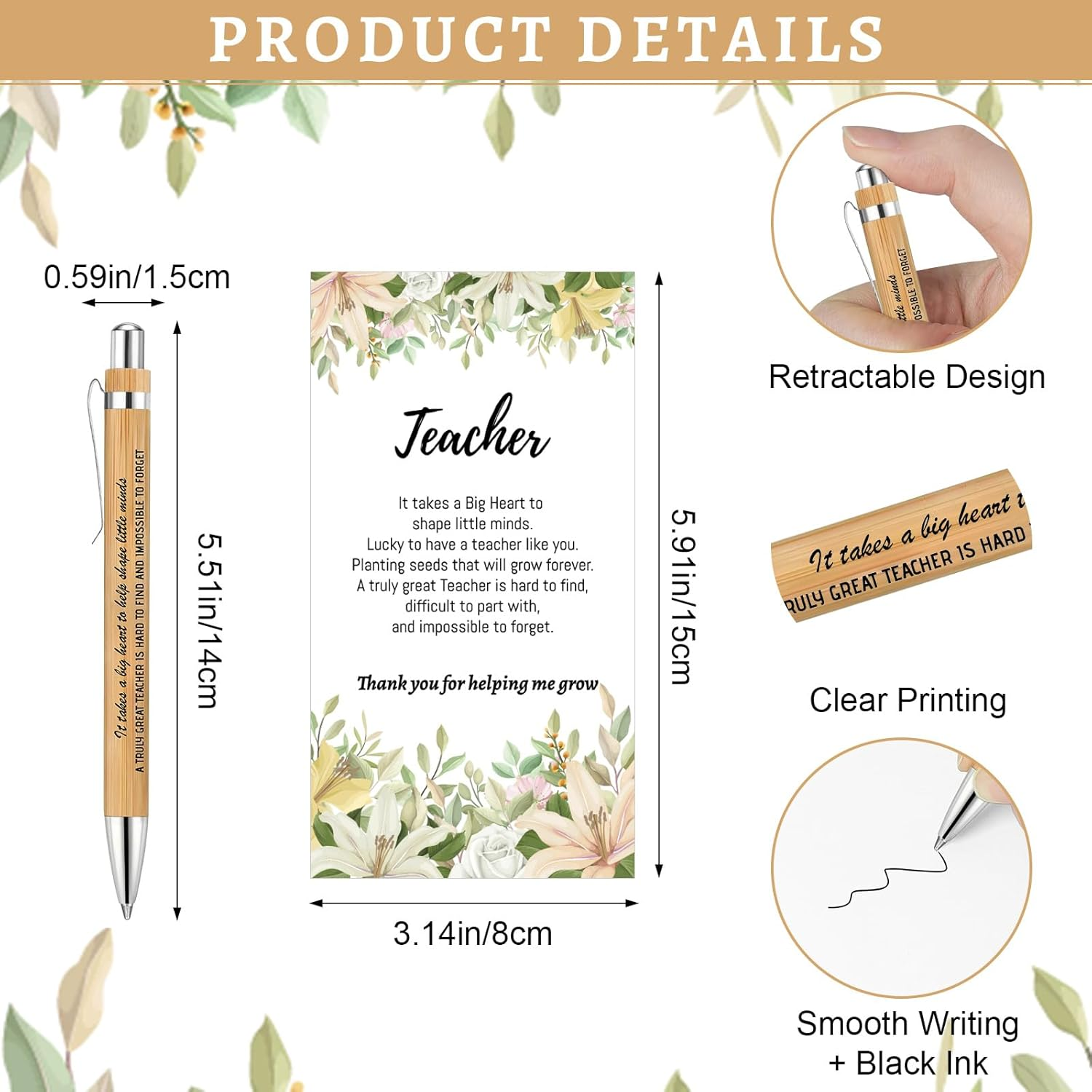 10 Sets Teacher Appreciation Gift,Thank You Teachers,Inspirational Bamboo Pens Bulk Gifts with Thank You Cards,Best Unique Teacher Gifts image number 6