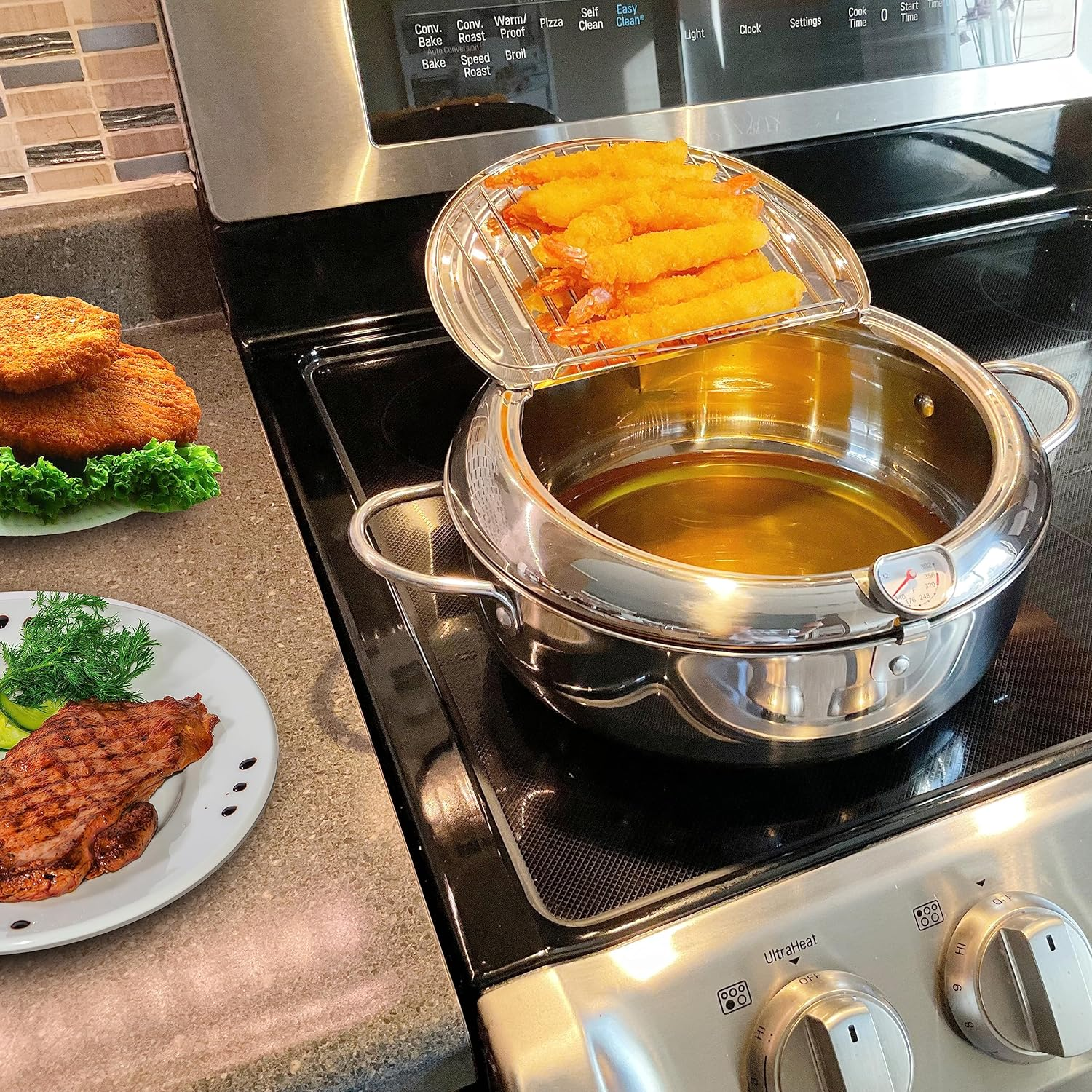 Deep Fryer Pot (&deg;F), 11"/4.4Qt (4.2 L) Extra Large Tempura Frying Pot with Lid, 304 Stainless Steel Fry Pot with Fahrenheit Thermometer and Oil Drip Drain Rack image number 1