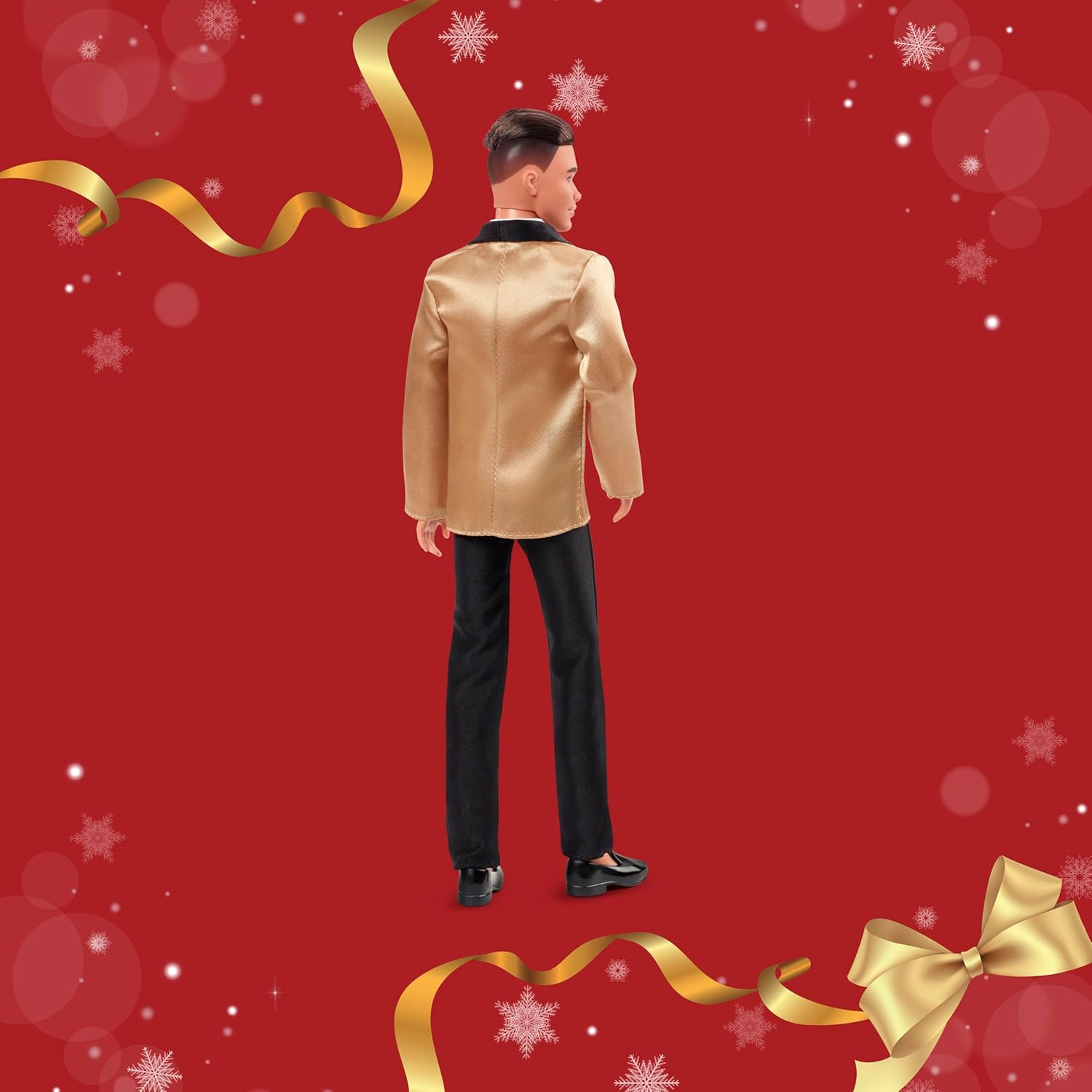 Barbie Signature 2025 Holiday Light Brown Hair Ken Collectible Fashion Doll Wearing Full Suit with Golden Jacket in Displayable Packaging & Doll Stand image number 2