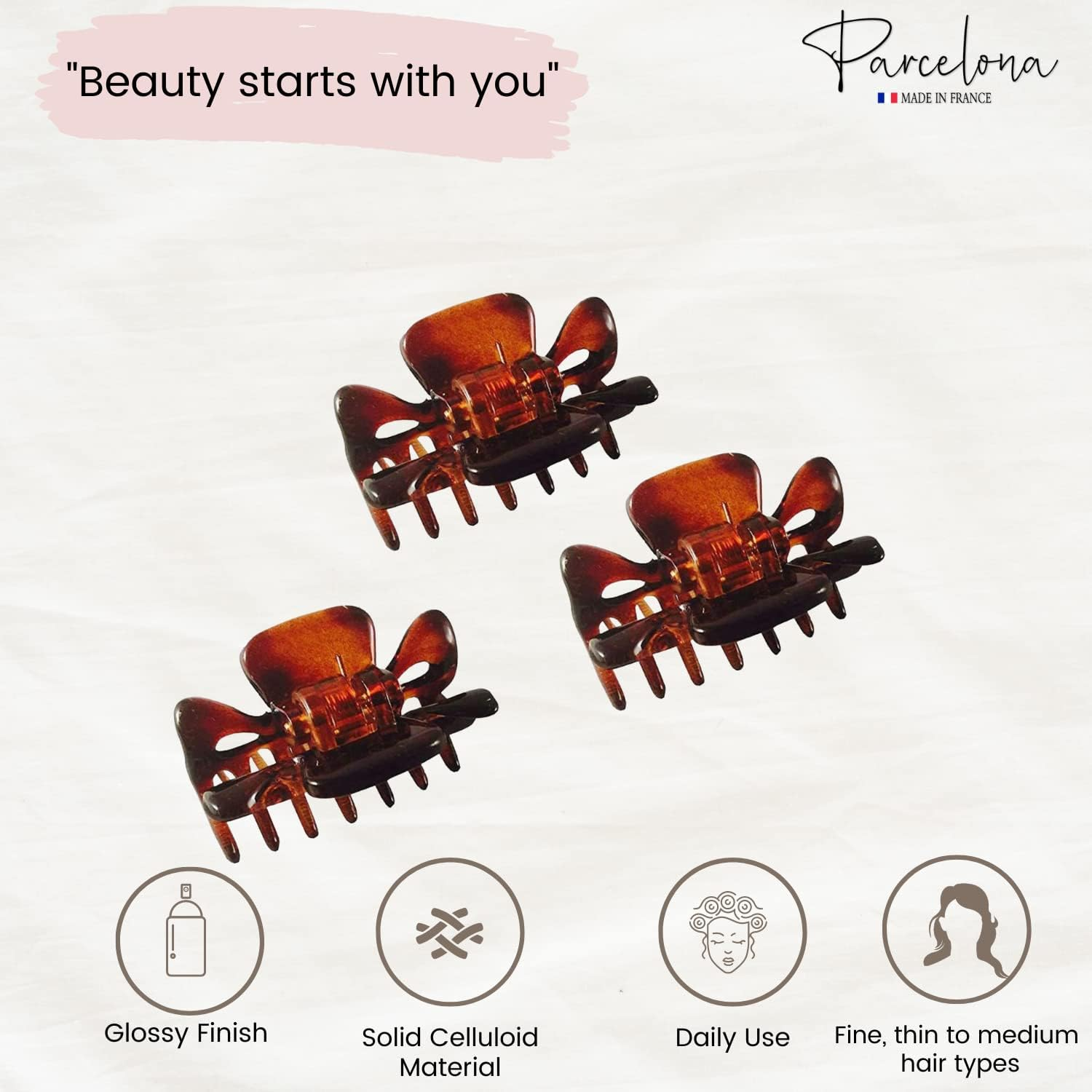 Parcelona French Classic Tortoise Shell Brown Very Small Approx 1 1/2 Inch Hair Claws with Covered Spring - 3 Pieces - Blush Pink image number 7