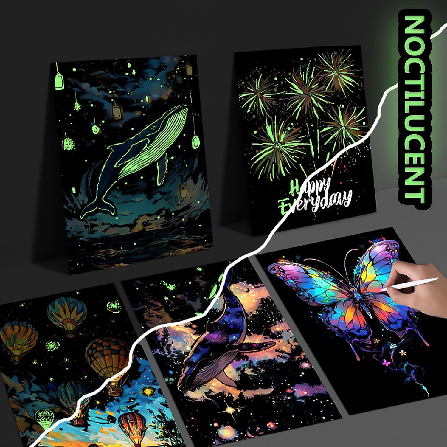 Glow in the Dark Scratch Art Rainbow Painting Paper 8 Sheet with Pen / Cleaning Brush, Engraving Landscape Scratchboard(A4) for Kids Teens & Adults, Fun Sketch Card Creative Craft Toy (Animal)
