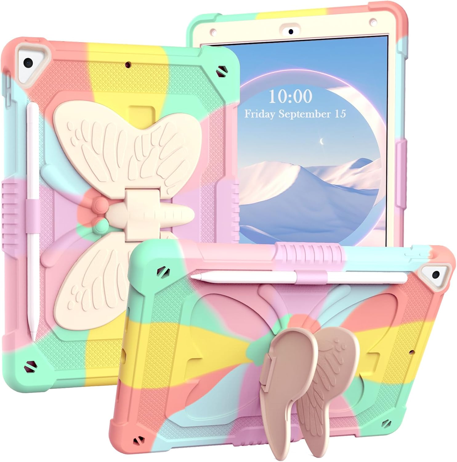 ROUMAYMAY for Ipad 9Th 8Th 7Th Generation Case Kickstand Butterfly Wings, for Ipad 10.2 Case (2021/2020/2019) for Ipad Air 3 10.5 Pencil Holder Shockproof Protective Cover Kids Girls, Colorful Pink