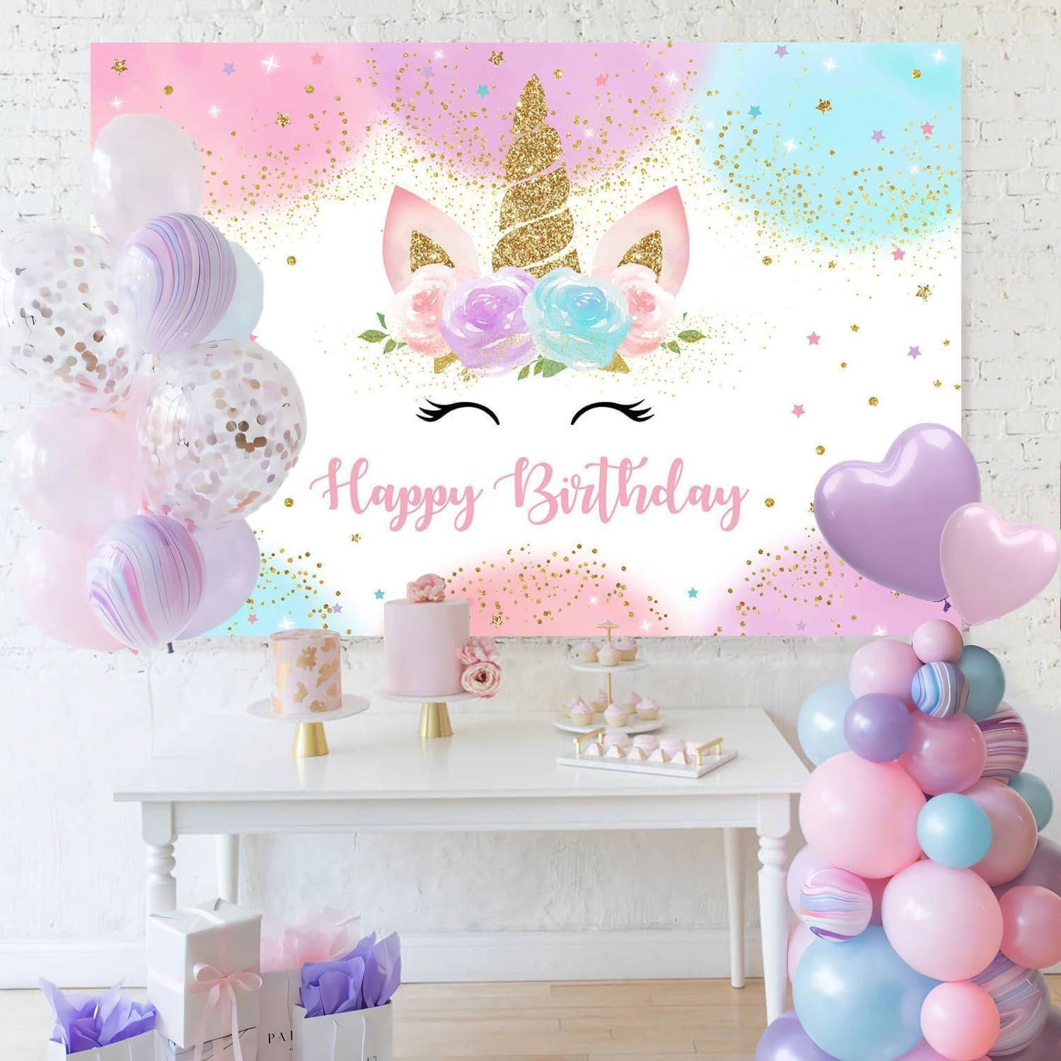 Happy Birthday Backdrop Banner Unicorn Birthday Party Backdrop, Pastel Rainbow Design with Glitter Stars, Birthday Party Photo Photography Prop Booth Background for Girls (210 * 150CM)