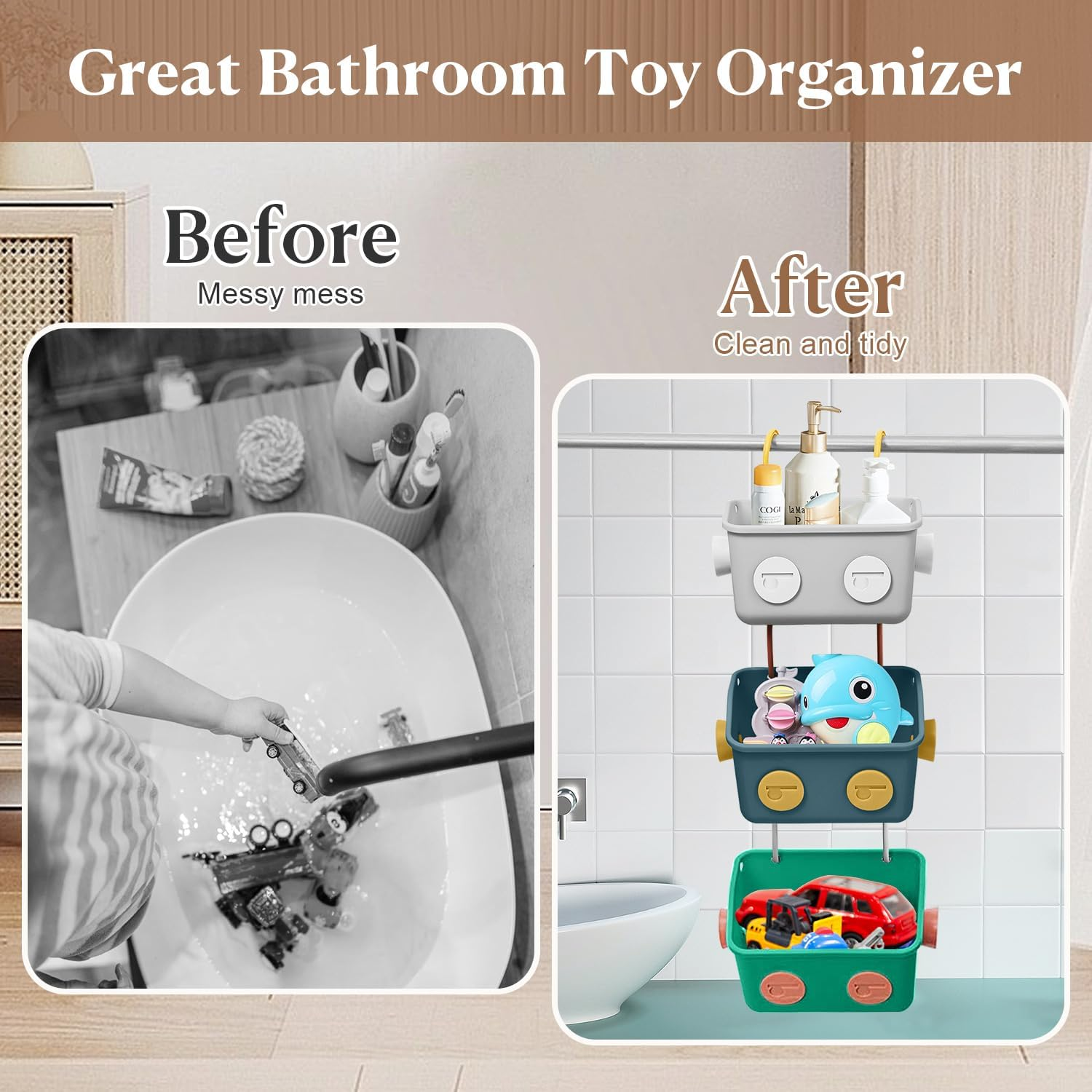 Bath Toy Storage Organizer Basket, 3 Pack Cute Robot Bathtub Shower Toy Organizer, Wall Mounted Hanging Bath Toy Holder with Hooks, for Tub Laundry image number 5