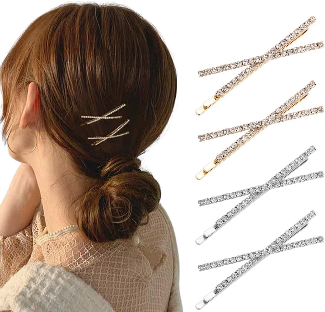 Set of 4 Crystal Hair Pins, Shiny Hair Clips, Rhinestone Bobby Pin, Metal Hair Accessories for Girls, Women, Party, Wedding, Daily Dress image number 1