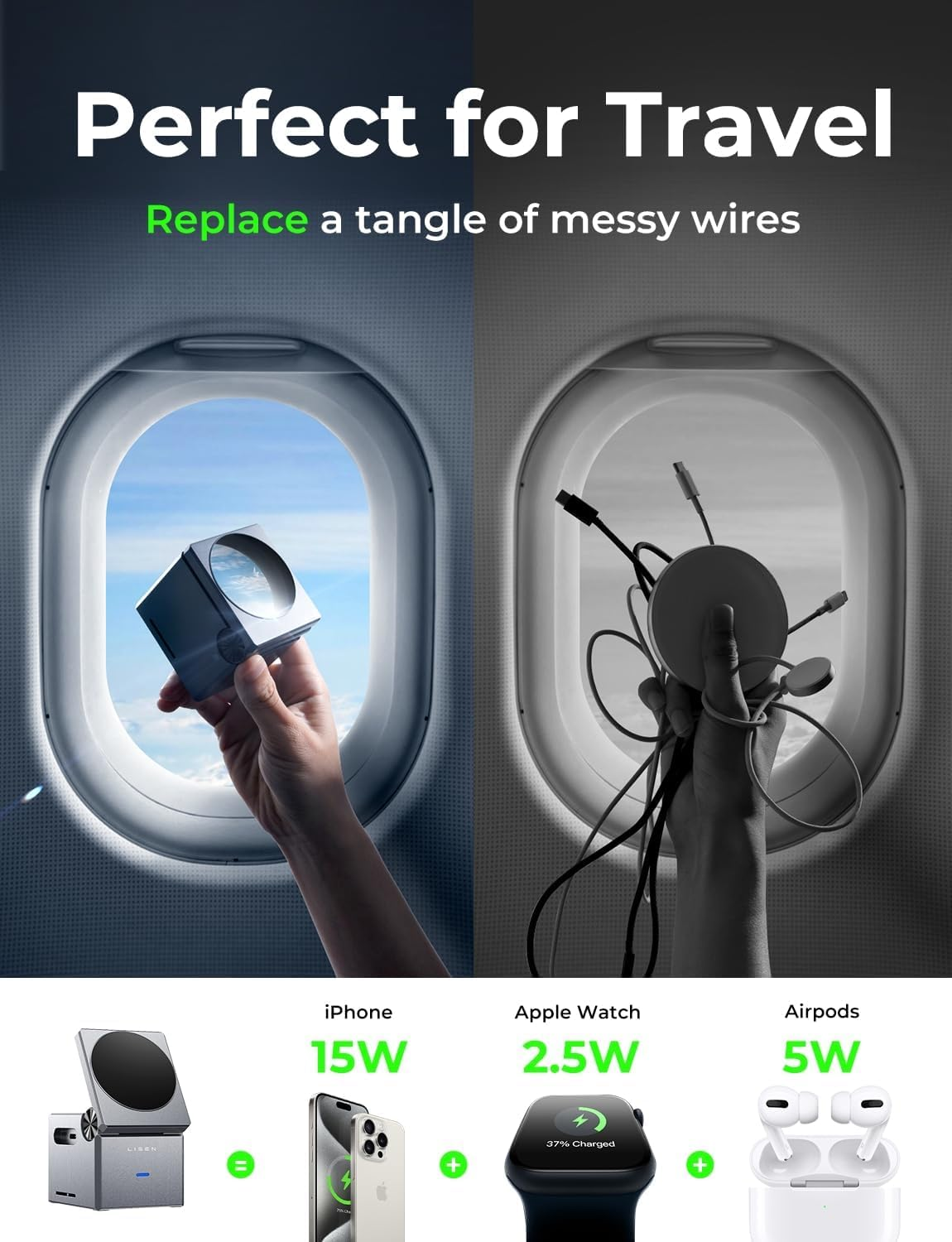 LISEN 3 in 1 Wireless Charger Apple [With 30W Adapter&60W USB C Cable] 2025 Qi2 Wireless Charger, 15W Magsafe Charger Iphone Fast Charger Wireless Charging Station for Iphone 17, Apple Watch, Airpods image number 6