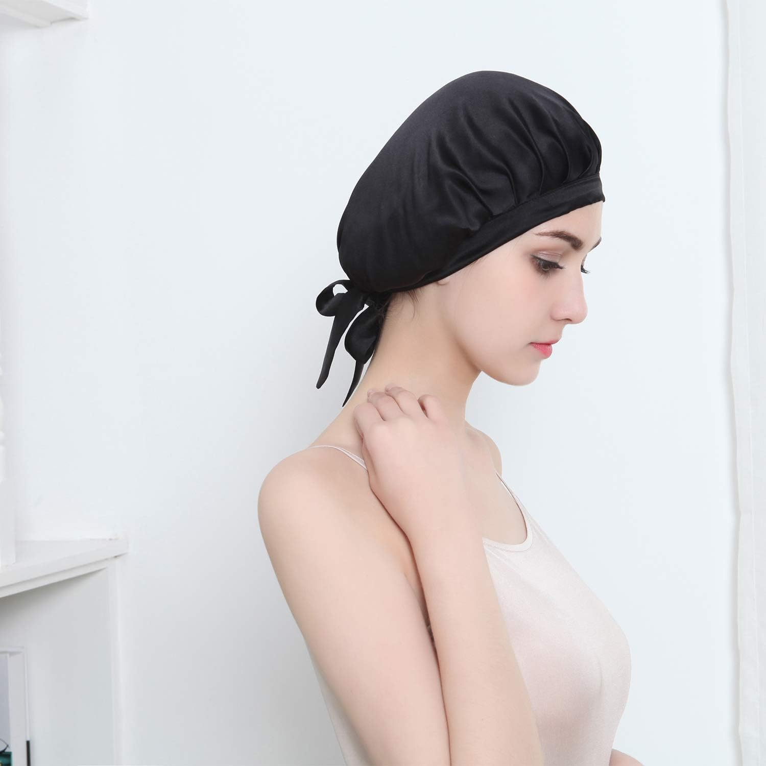 100% Mulberry Silk Night Sleep Cap, Sleeping Cap for Women Head Cover Bonnet for Hair Beauty with Elastic Band for Sleep, Hair Loss, Hair Protection (Black)