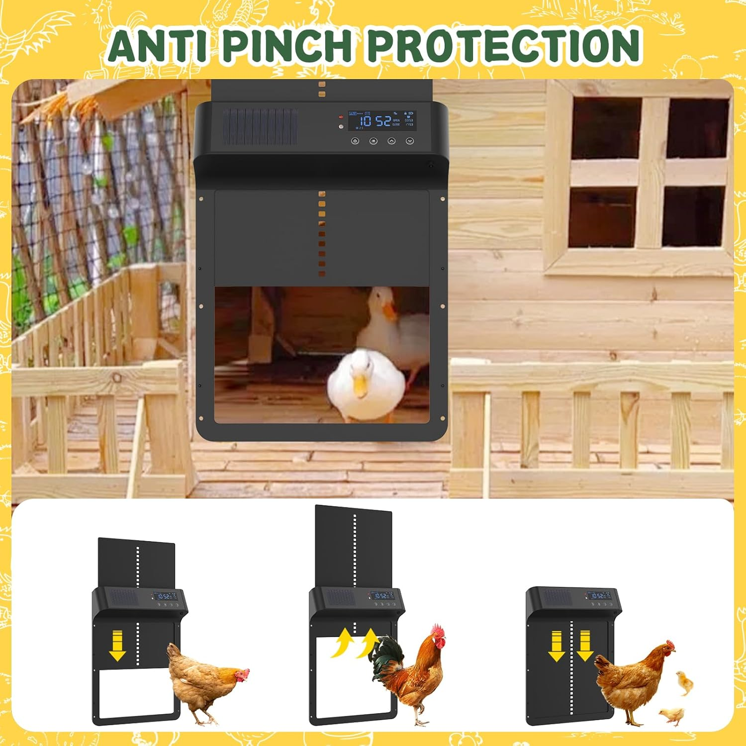 Advwin Automatic Chicken Coop Door Programmable with App Control - Solar Powered Rechargeable Battery | Light Sensor & Timer | Anti-Pinch | Aluminum Alloy