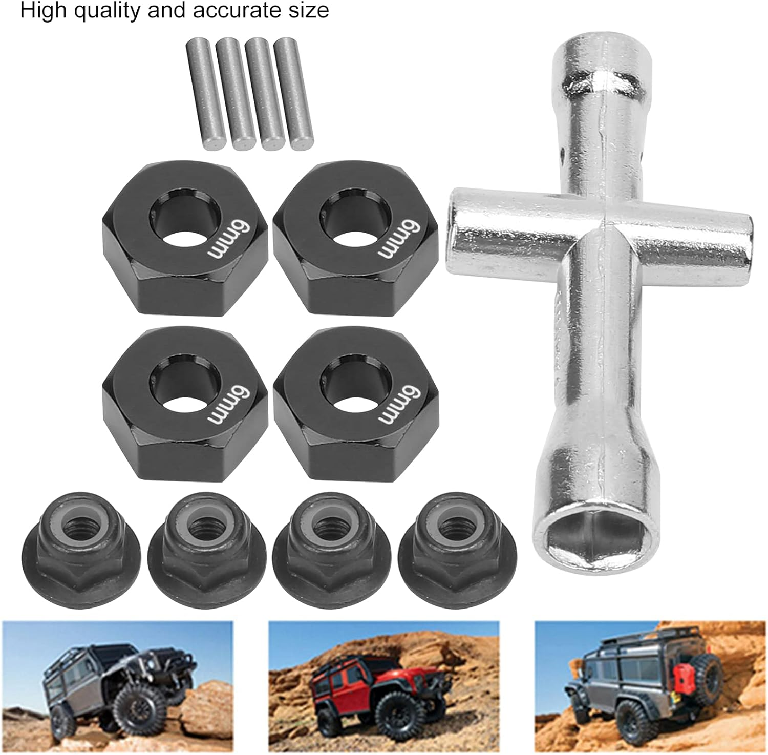 Wheel Hex Hub Adapter Set, Lock Nuts Cross Wrench Set 12Mm Wheel Hub Adapter 1/10 RC Car Upgrade Parts 6Mm for 1/10 RC Car(Black) image number 1