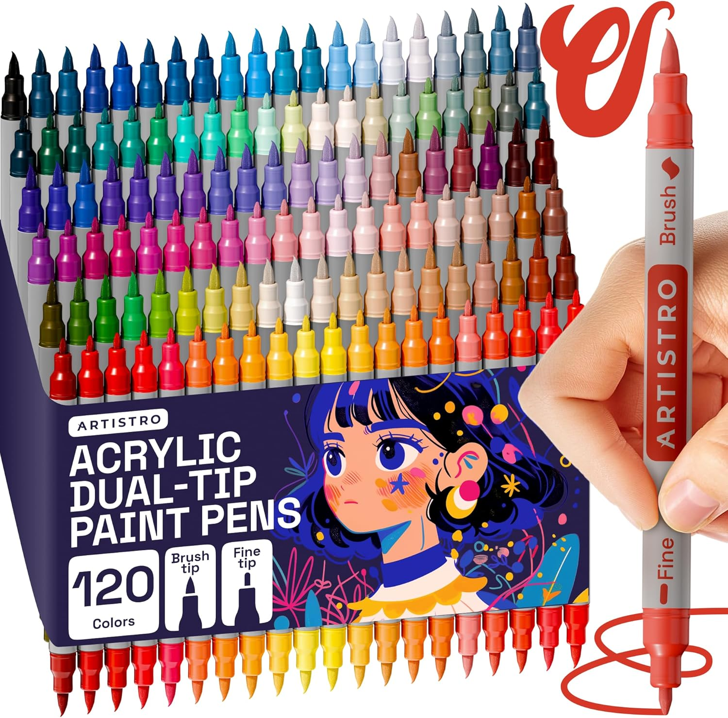 ARTISTRO 120 Dual Tip Acrylic Paint Markers - Easy for All Ages & Levels Acrylic Paint Pens for Fabric, Rocks, Paper, Wood, Canvas, Glass, DIY (Dual Tip Brush + Fine, 120) image number 1