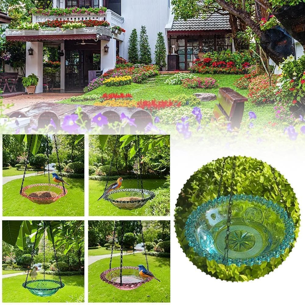 Flower Shaped Hanging Bird Bath Bowl with Metal Chain, 1Pc round Hanging Bird Feeder and Birdbath, round Bird Flower Shaped Bird Feeder and Bath Bowl with Chain, Blue