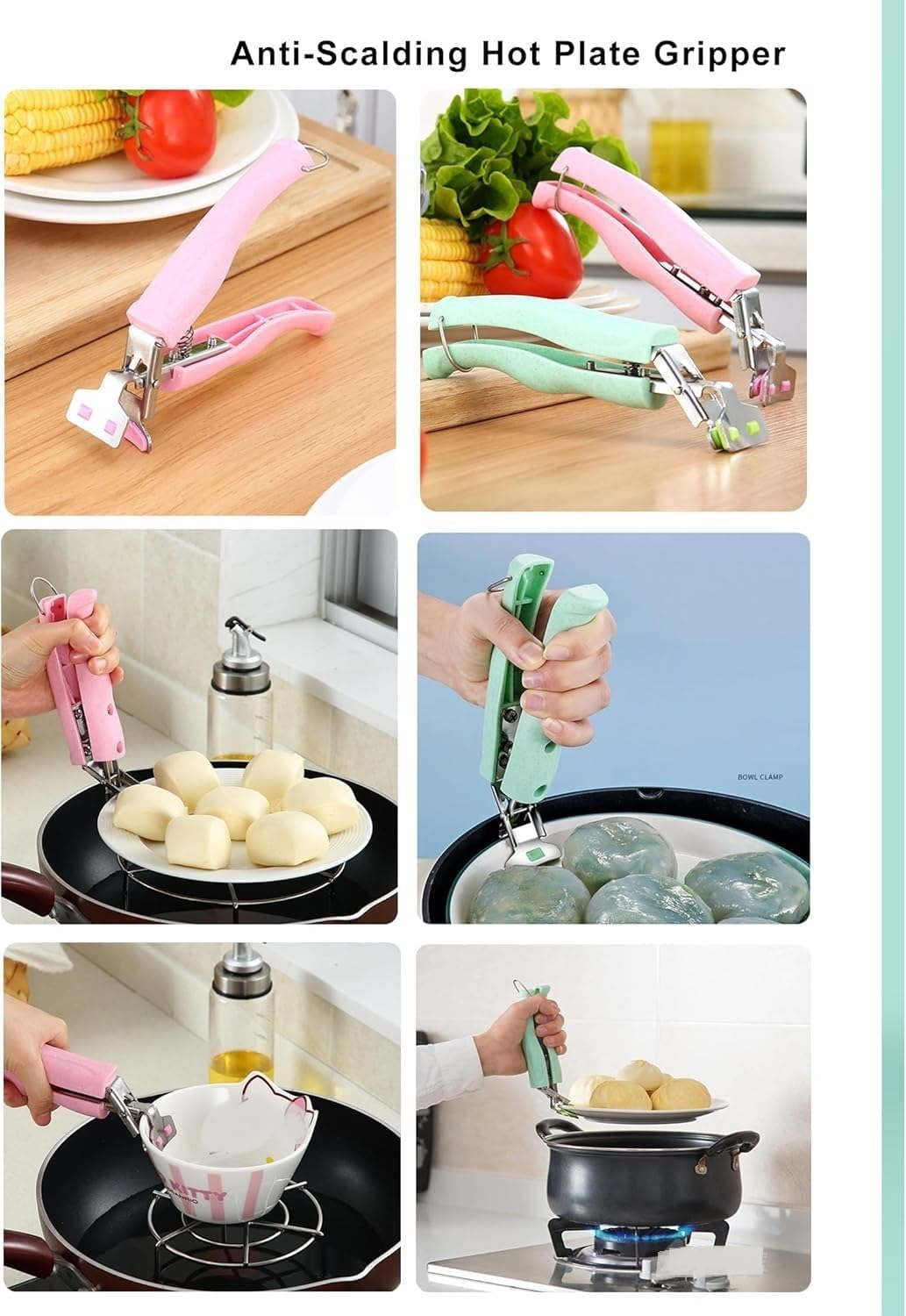 Stainless Steel Anti-Scalding Hot Bowl Dish Plate Gripper Clips Tongs Clamp Holder for Moving Hot Plate or Bowls with Food Out from Instant Pot Microwave Oven (Green,Pink, One Size) image number 2