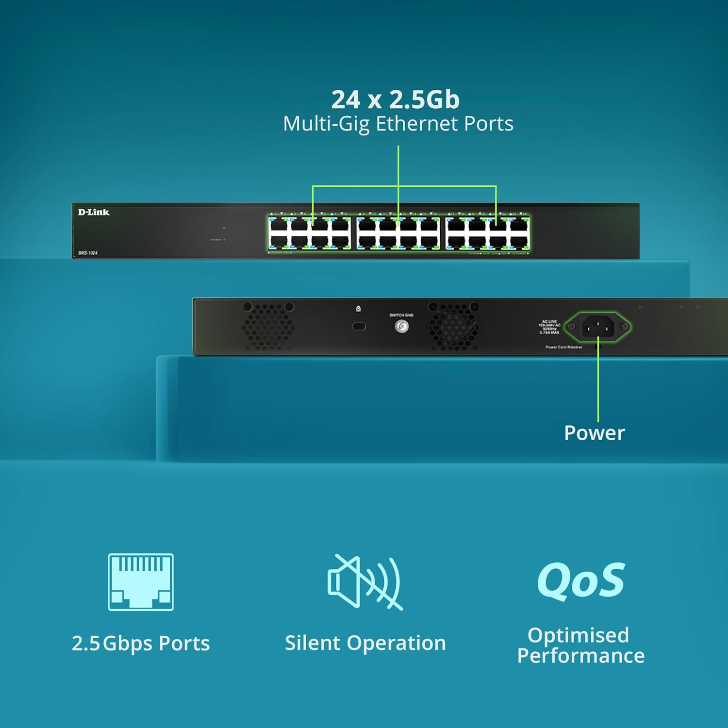 D-Link DMS-1024 24-Port Multi-Gigabit Ethernet Switch &ndash; 2.5Gbps per Port, 120Gbps Switching Capacity &ndash; Plug & Play, Fanless, IGMP Snooping, Qos &ndash; Ideal for Wi-Fi 6, NAS, Gaming image number 4