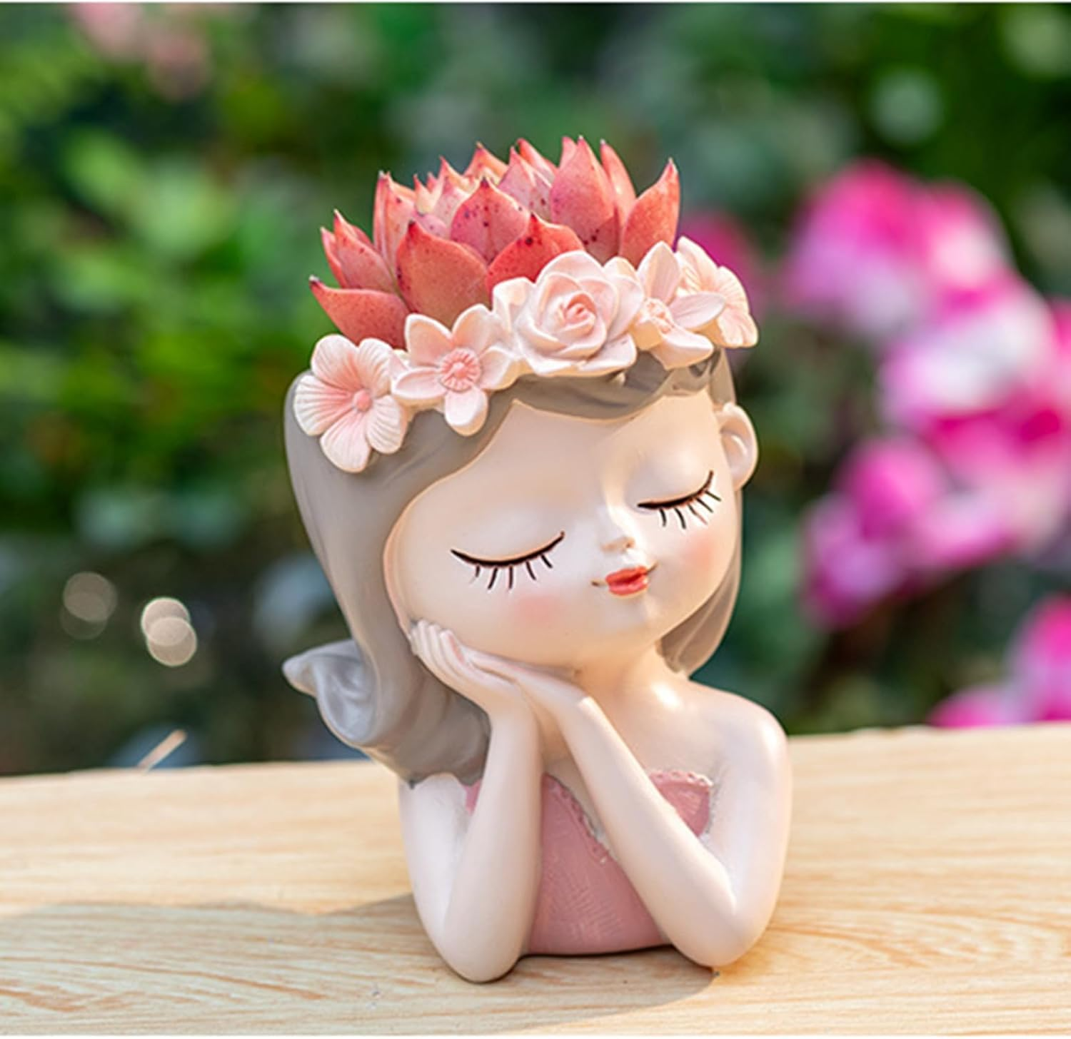 MYKAGS Cute Girl Face Resin Succulent Planter Pot with Drainage Hole, Ideal for Indoor/Outdoor Use, 7Cm W X 7Cm D X 11Cm H, Glossy Finish, Whimsical Style, 1 Count image number 2