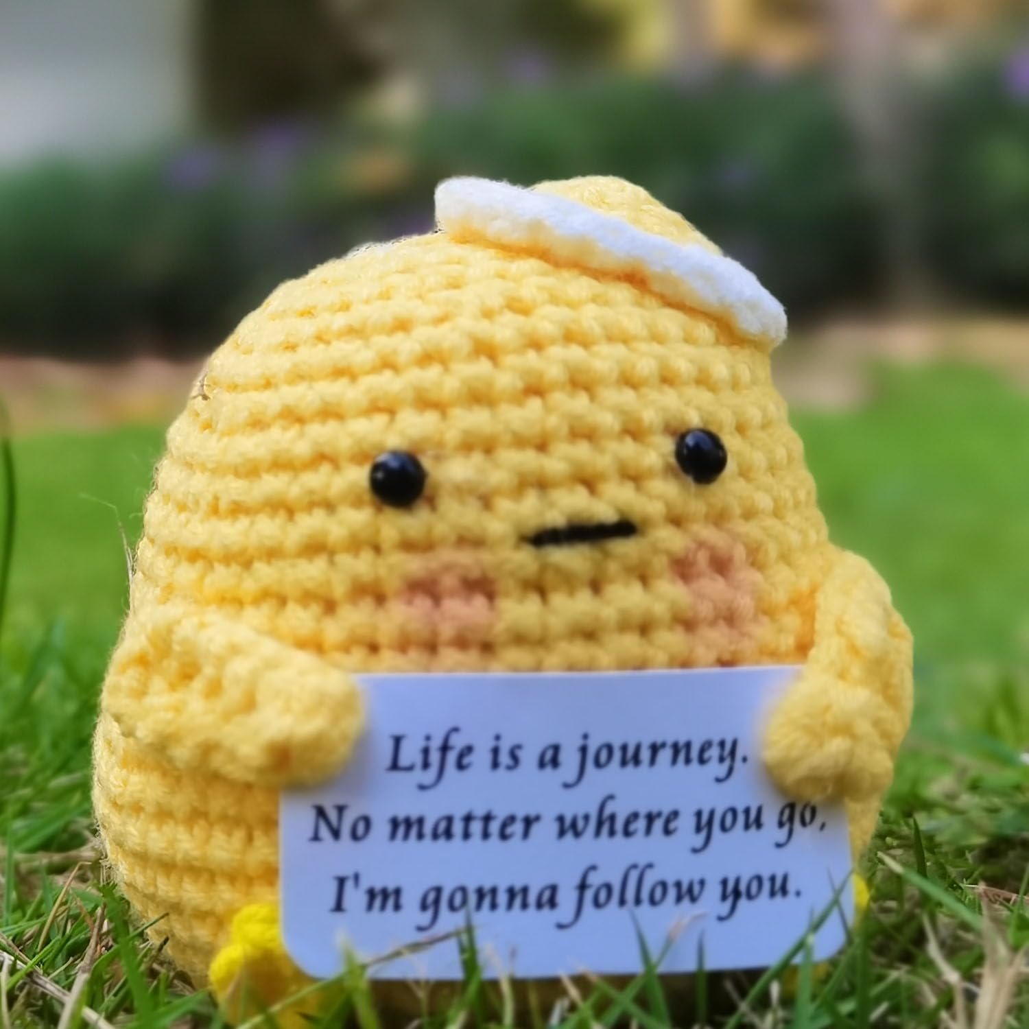 1 Mini Cute Funny Positive Life Potato,Creative Knitted Unique Interesting Potato Holding Card Positive Crochet Party Decor (Yellow) image number 4