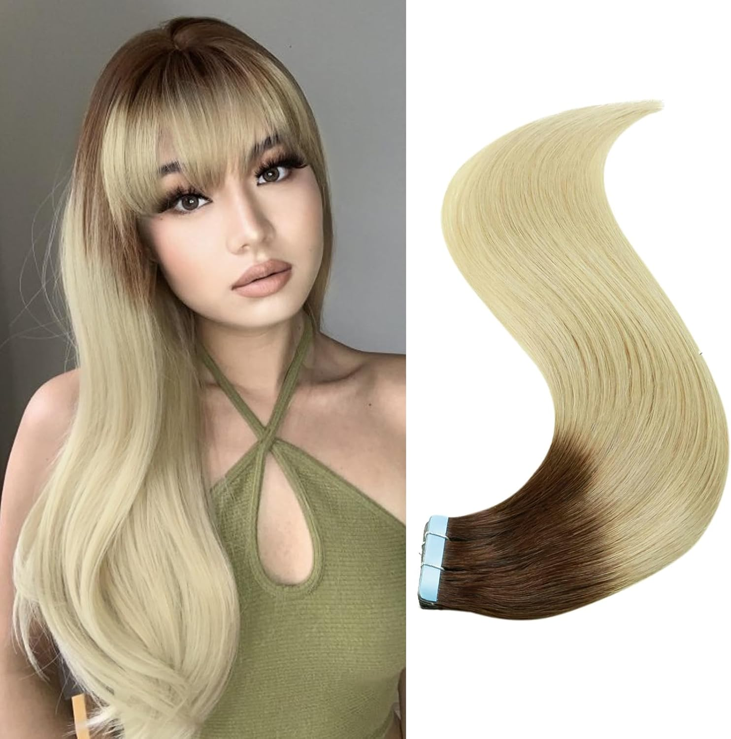 Tape in Human Hair Extensions D.Brown to Ash Blonde 20Pcs 50G Invisible Tape in Hair Extensions 18 Inches (D.Brown to Ash Blonde) image number 5