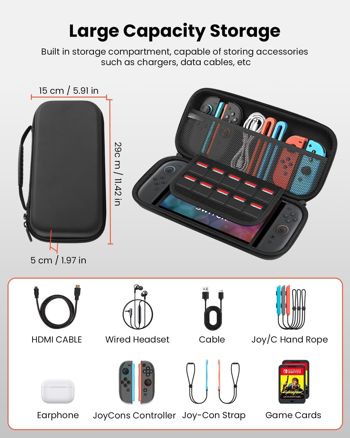 GEEKERA 11-In-1 Case Accessories Bundle for Nintendo Switch 2 - Hard Shell Carrying Case with Screen Protector, Controller Covers, 12 Game Slots, Thumb Grips & More | Travel Case for Switch 2 (Black) image number 4