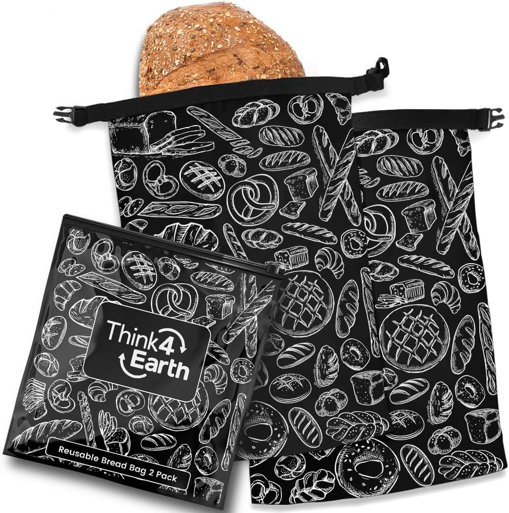 THINK4EARTH - 2 Pack Bread Bags, Reusable Food Storage Bags for Homemade Bread Loaf, Freezer Bread Storage with Double Lining. (Brown)