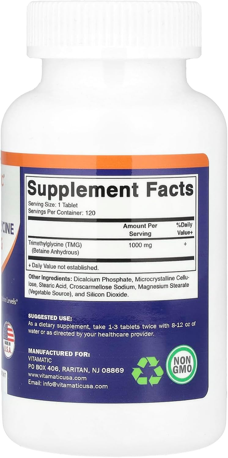 Vitamatic TMG Supplements 1000Mg - Trimethylglycine - Betaine Anhydrous - 120 Tablets - 120 Servings - Non-Gmo & Gluten Free
