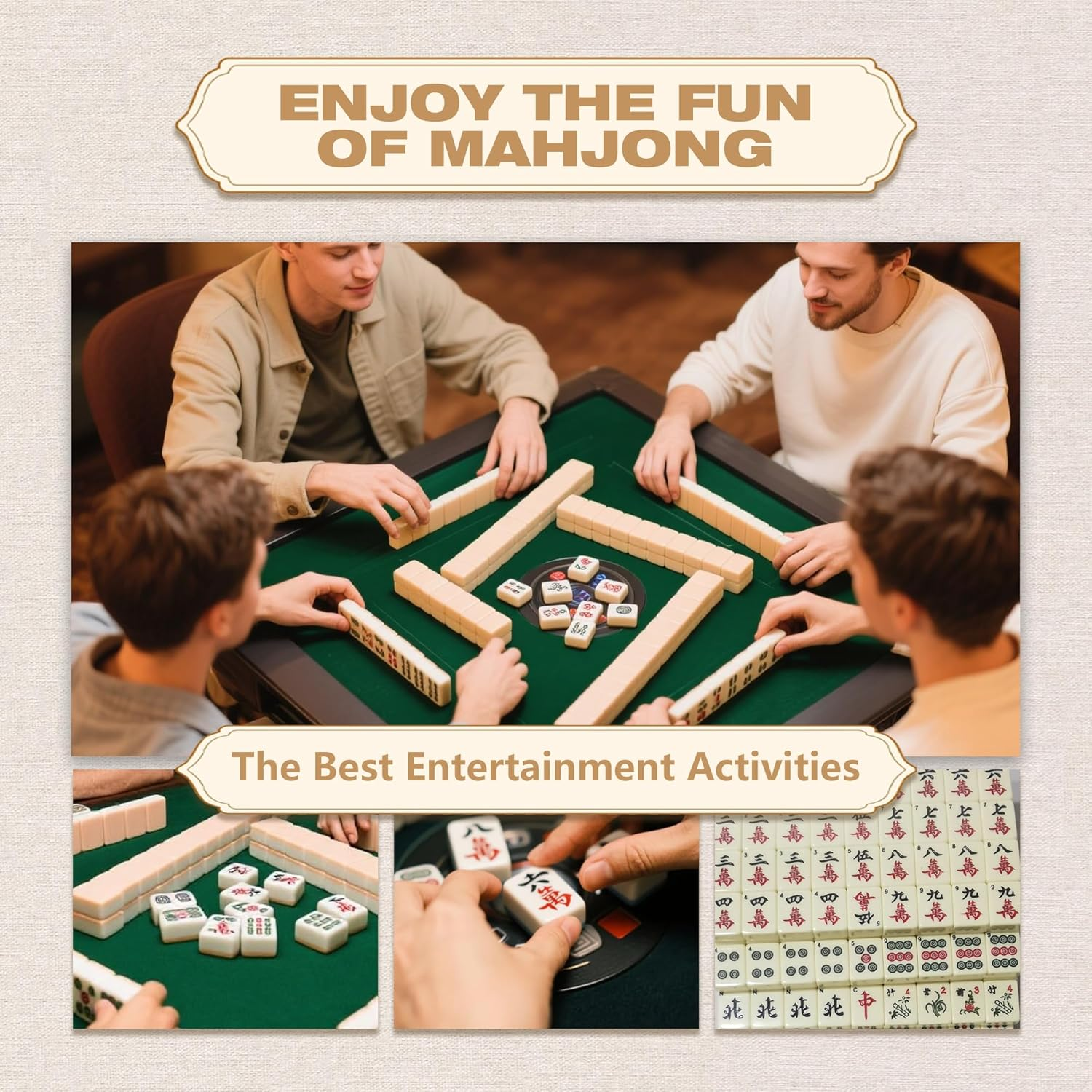 Classic Chinese Mahjong Game Set, 144 Mahjong Tiles and 2 Dice, with a Vintage and Exquisite Wooden Box, Clear Text, Suitable for Family Gatherings and Friends Gatherings image number 2