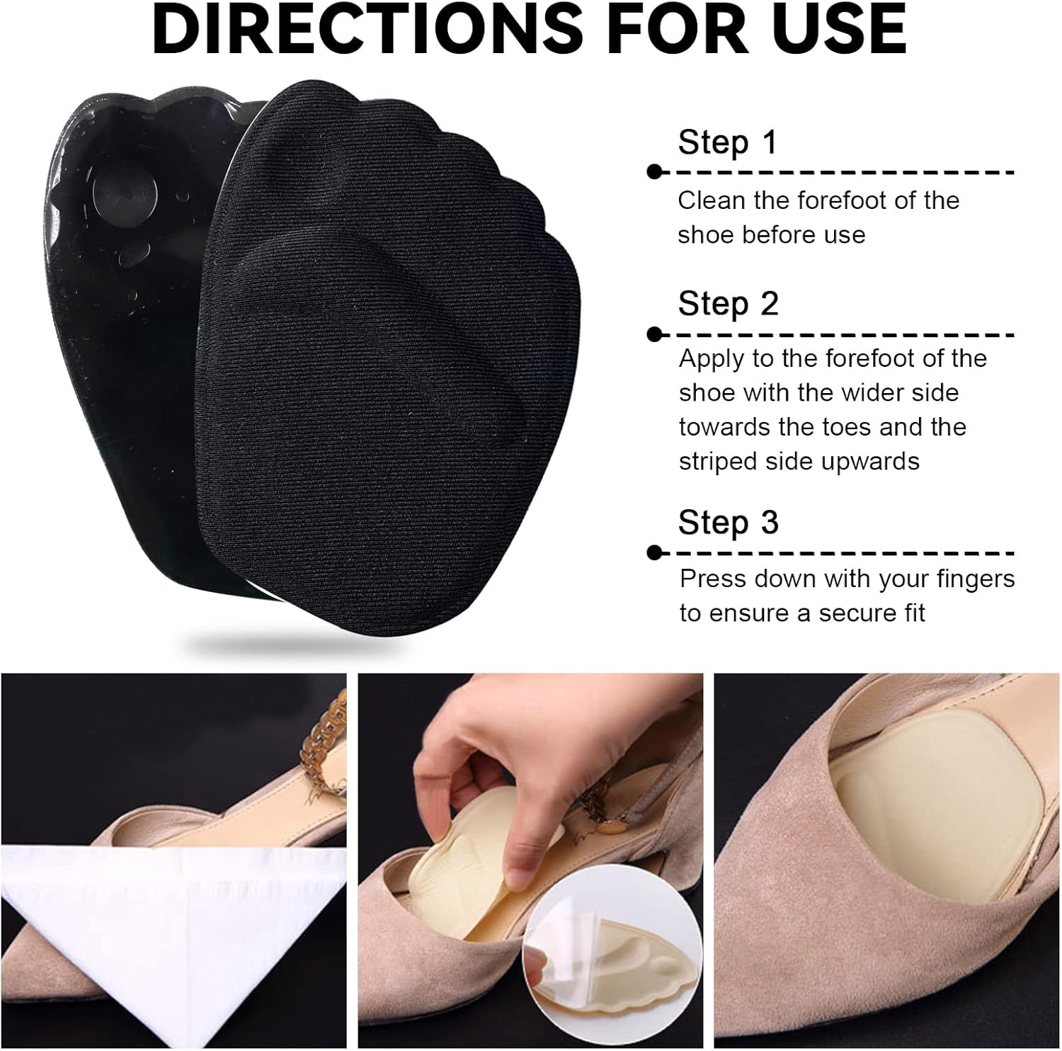 Ball of Foot Cushions Metatarsal Pads for Women, Modixun 4 Pairs Anti-Slip Reusable Washable High Heel Inserts for Foot Pain Relief, Soft Gel Shoe Inserts Forefoot Pads, Black image number 6