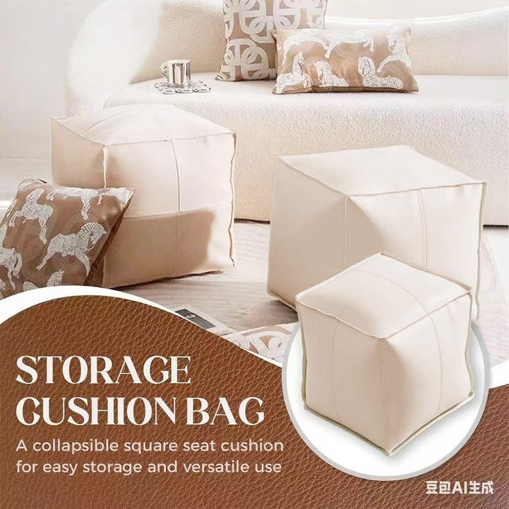 Betterlifewj Unstuffed Pouf Footstool Cover Handmade Faux PU Leather Moroccan Footrest Cover for Living Room Storage Clothes Blancket Balcony Office Outdoor Square Beige image number 5