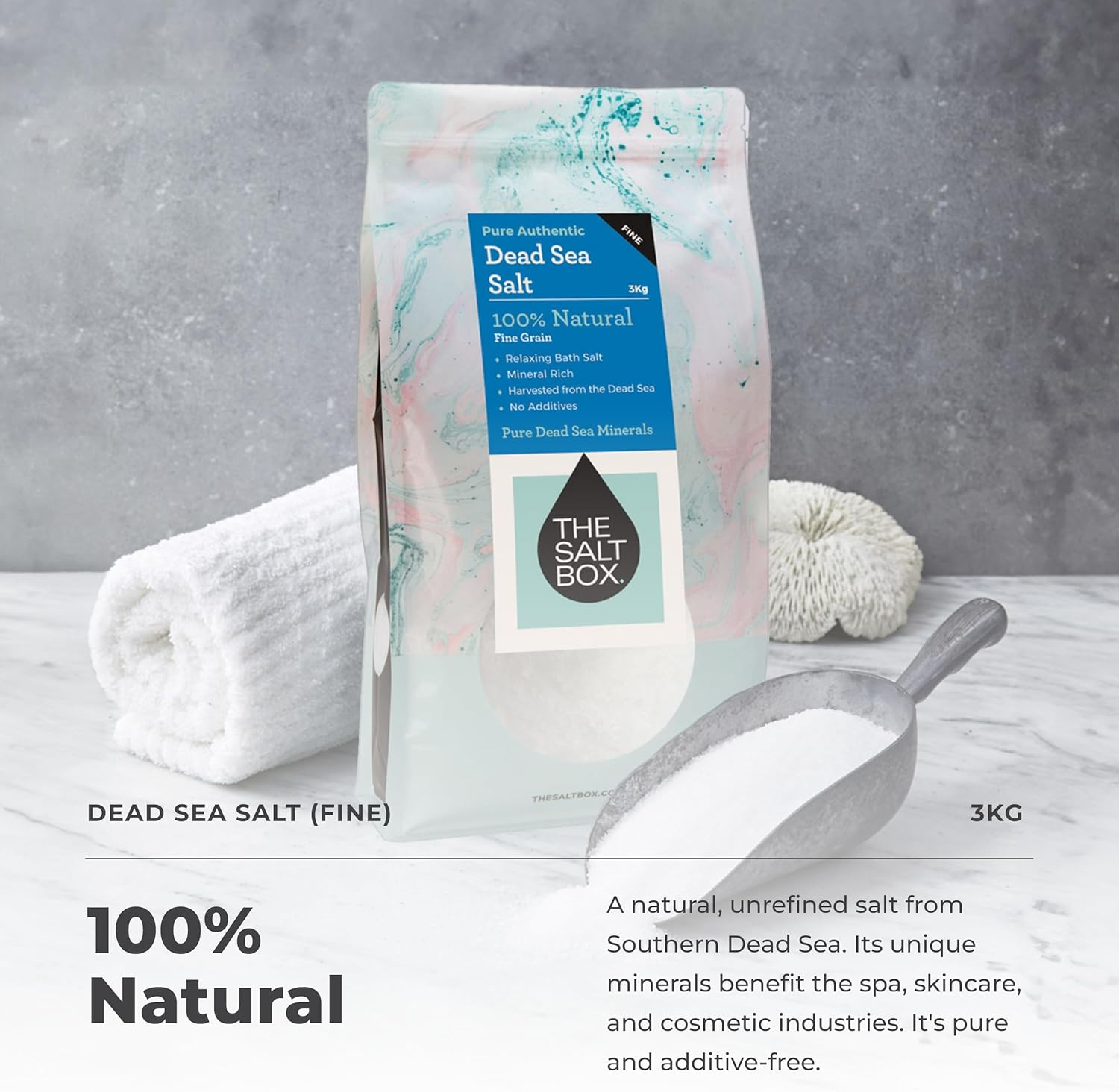 The Salt Box - Relaxing Bath Soak Fine Dead Sea Salt- Magnesium Scrub for Skin Hydration, Detoxification, and Stress Relief - 3Kg Single Bag - Natural White Crystals with Light Mineral Scent image number 2