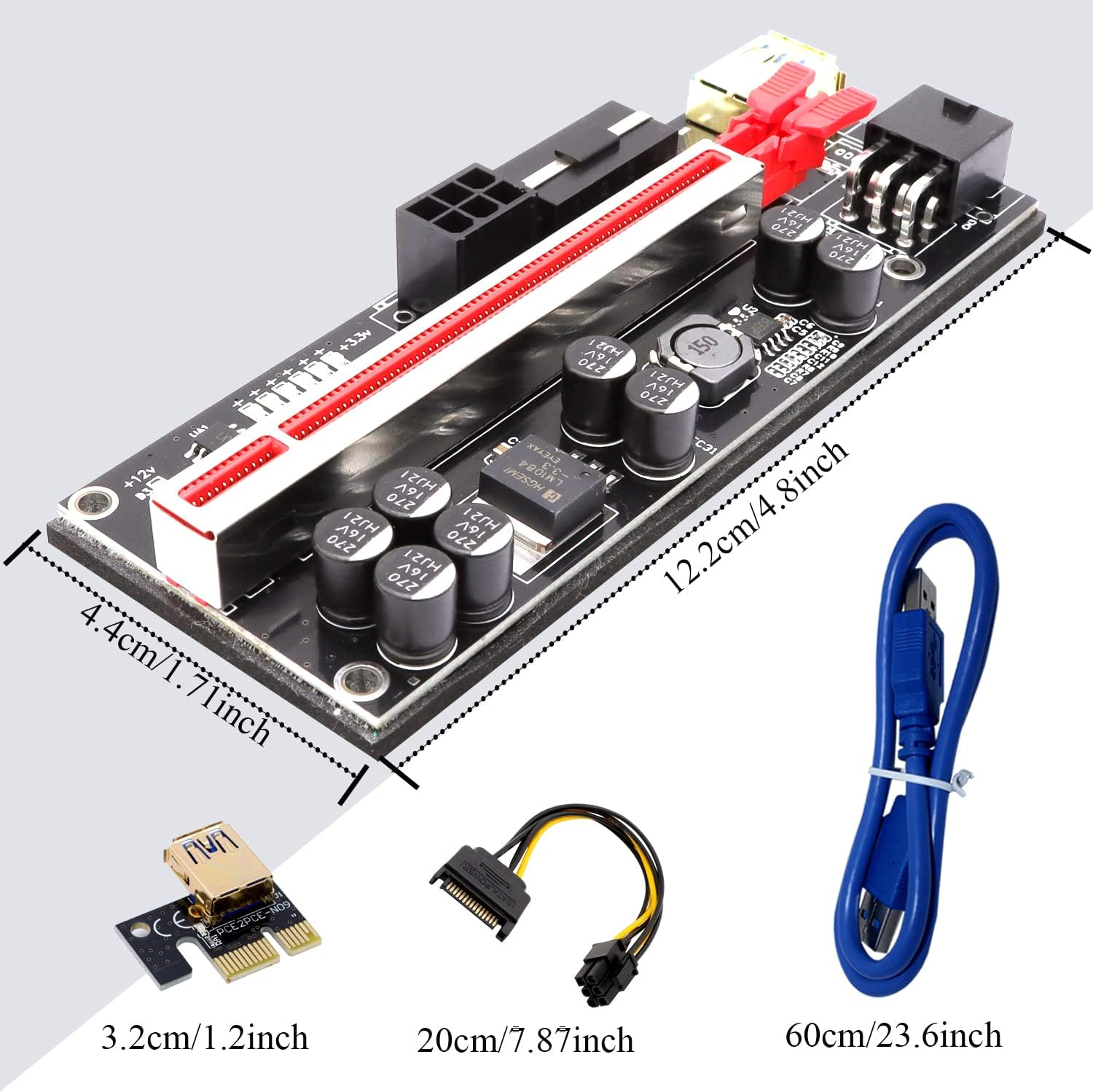 6 Pack Pcie Riser 1X to 16X, GPU Mining Card Powered Adapter VER010S PCI-E Extension Cable with LED & Triple Power Supply - Extender for ETH Mining image number 5