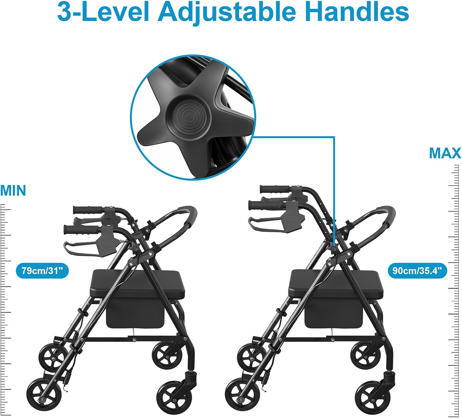 Advwin Lightweight Rollator Walker, 4-Wheel Folding Mobility Aid with Padded Seat, Dual Brake System, Adjustable Arms, and Under-Seat Storage Bag for Seniors and Elderly image number 3