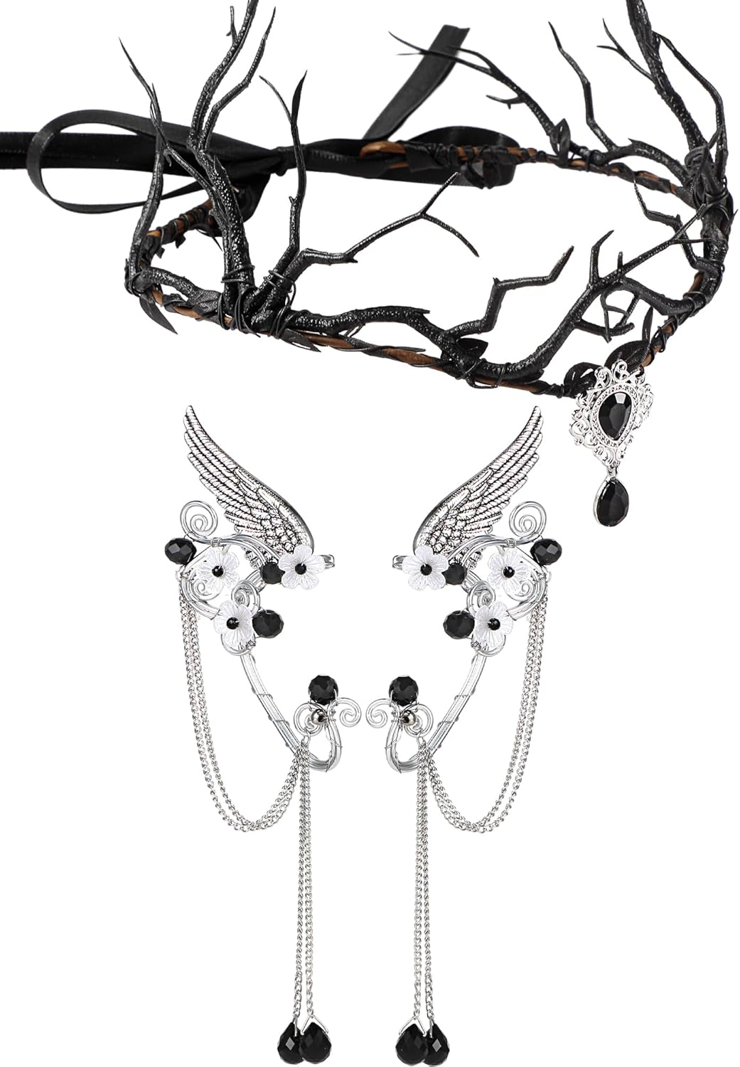 Zeyune Halloween Elves Cosplay Set Fairy Flower Crown Headpiece Elf Ears Cuffs Renaissance Costume Leaf Elves Wings Ear Cuff