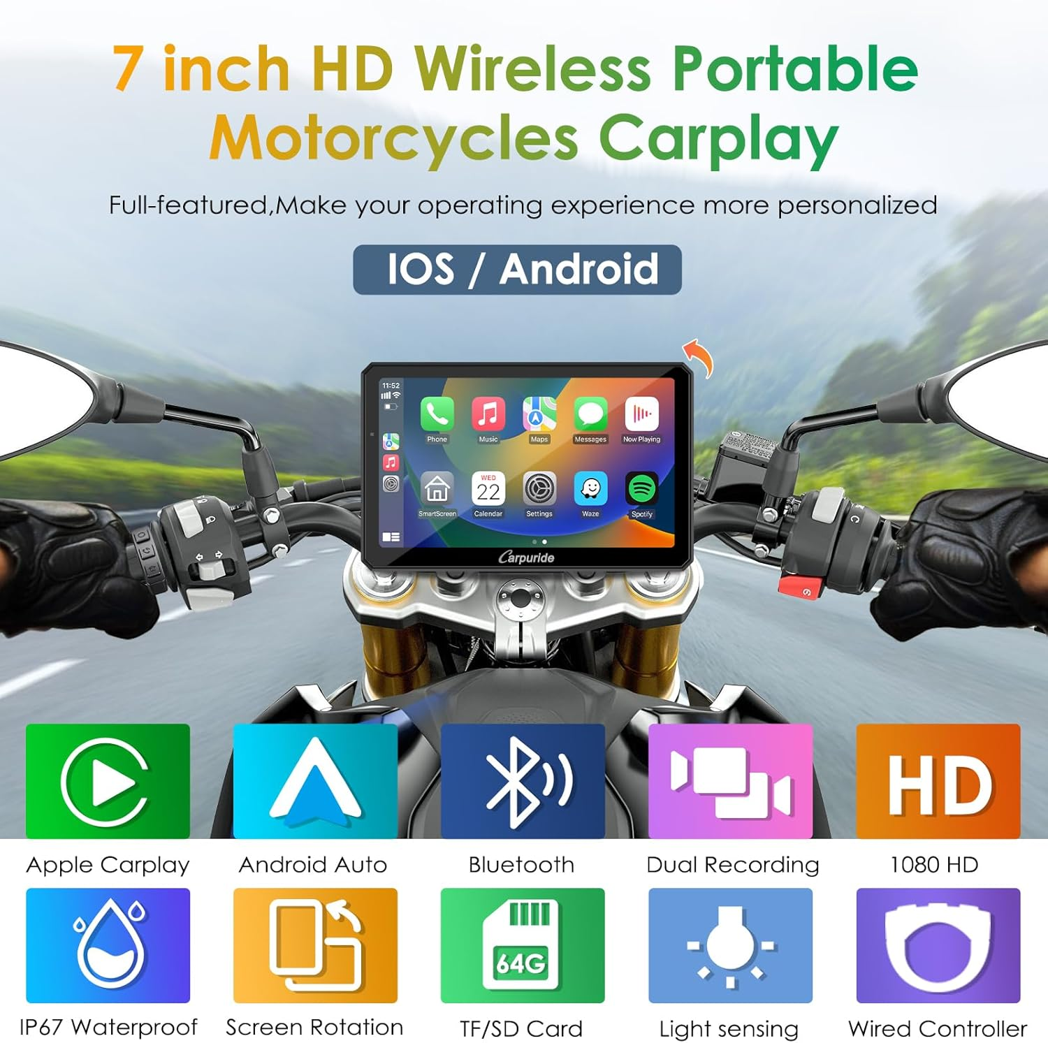 Carpuride W712D Motorcycle Carplay Screen with HD 1080P Dual Dash Cam, Wireless Car Play and Android Auto, 7" Waterproof Rotatable Navigation Touchscreen, Loop Recording, Bluetooth, Wired Controller image number 1