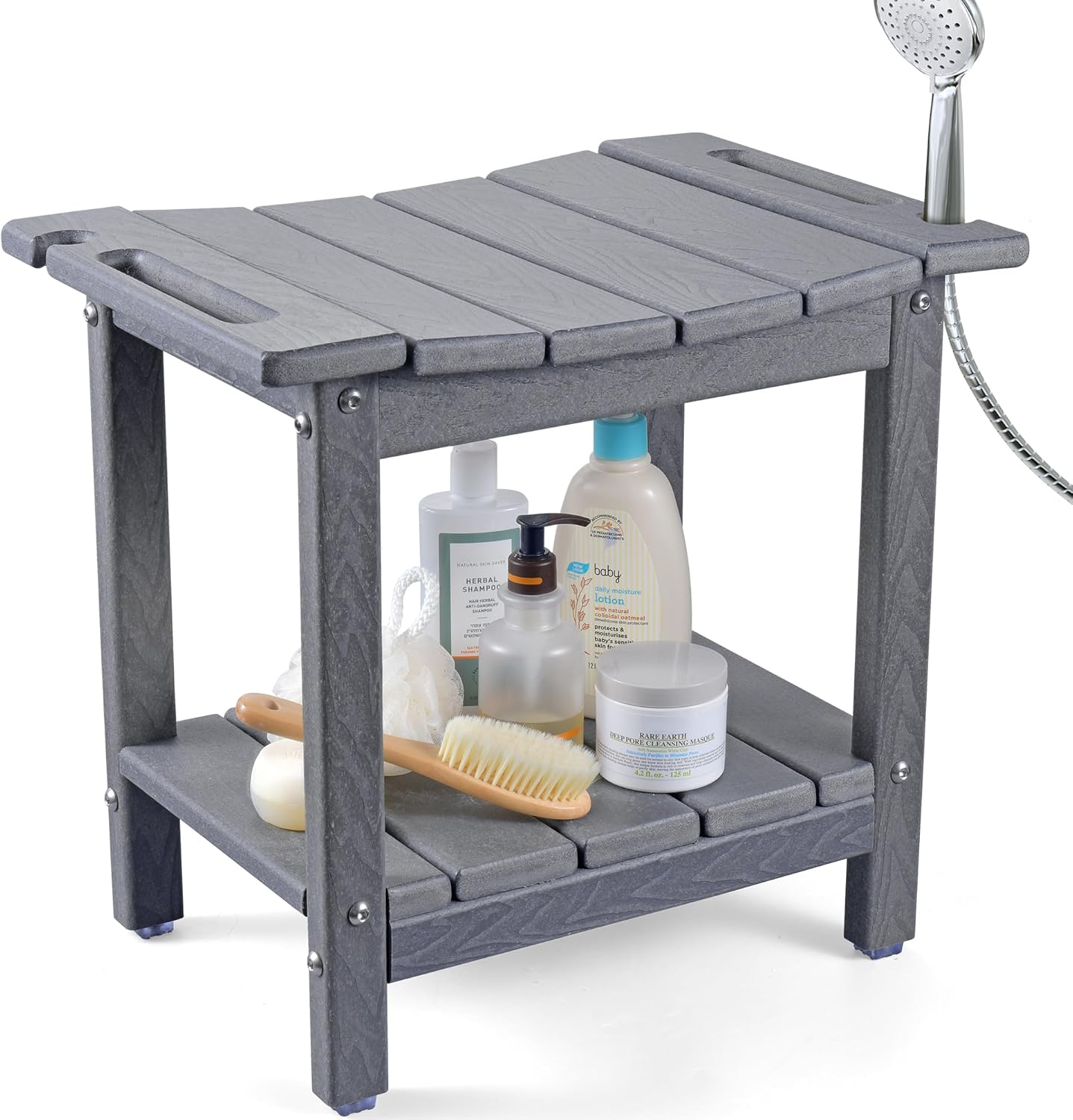 Lyrifine Shower Stool, 18.5 Inch HDPE Waterproof Shower Chair, Bathroom Shower Seat with Shower Head Holder, 350LBS Sturdy Shower Stool for Elderly Seniors Shaving Legs, White