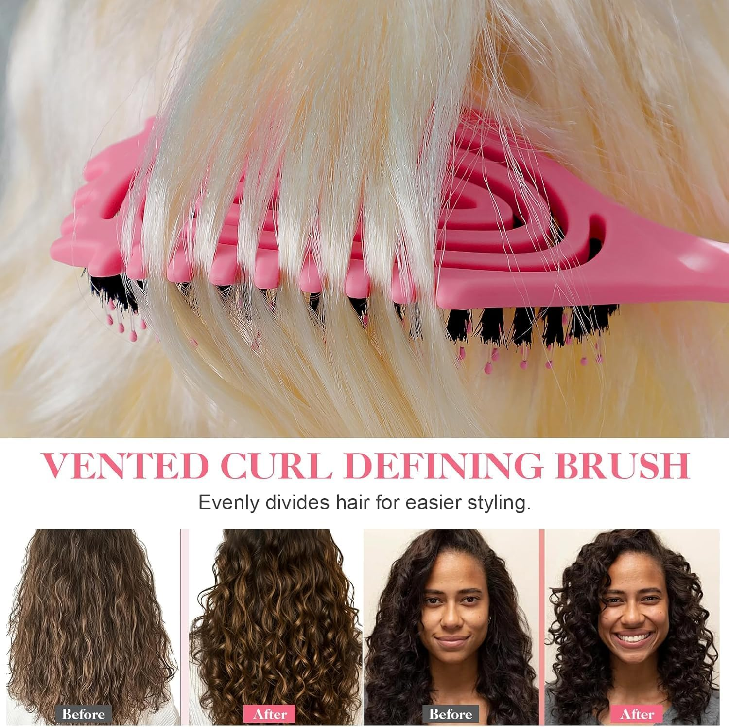 Hair Brushes Set, Curl Defining Boar Bristle Detangling Hair Comb Set for Women Men with round Brush, Wide-Tooth Comb, Rat Tail Comb, Scalp Shampoo Brush and Satin Scrunchie (Pink) image number 1