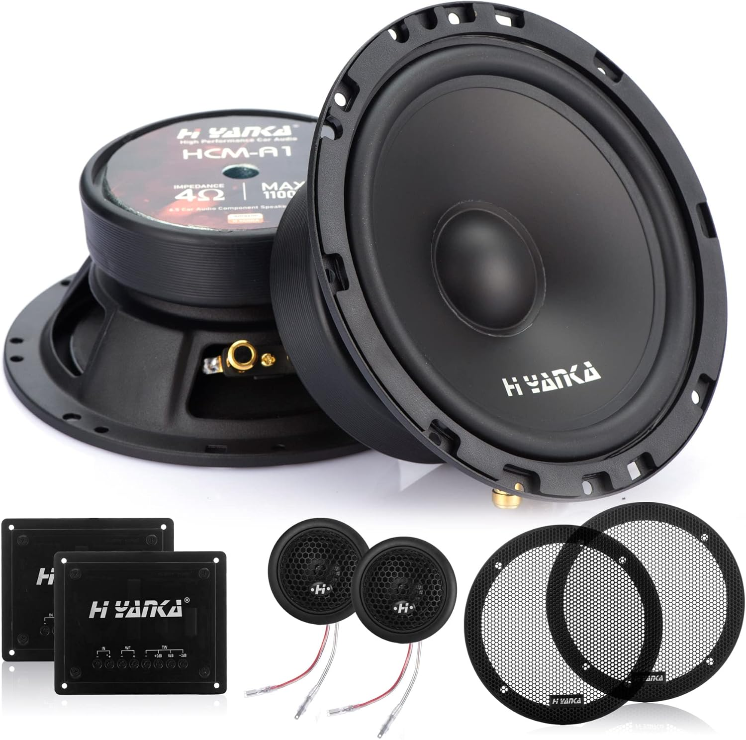 H YANKA 6.5-HCM Component Car Speakers, 600 Watt Pro Car Audio 4 Ohms Stereo Door Speakers Perfect for Upgrading Any Car Stereo System Includes a Pair of Midrange Woofers,Tweeters, Crossovers（Pair）
