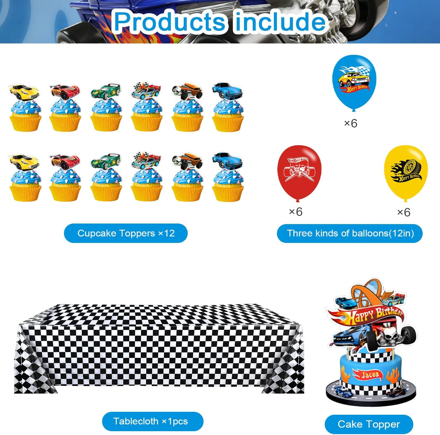 Race Car Birthday Party Decorations ,Hot Race Car Birthday Party Favor with Banner, Ballons,Cake Topper,Tablecover, Cupcake Toppers for Boys Girls Baby of Race Car Party Supplies image number 6