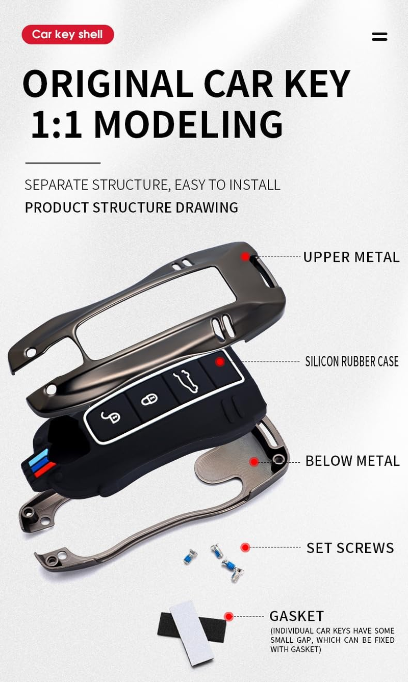 HIBEYO 3/4 Button Key Fob Cover for Porsche 911 Cayenne Macan Panamera Taycan Smart Key Cover for Porsche Keyless Entry Remote Shell Accessories-A Keychain Black - 3 Button A Keychan Black image number 4