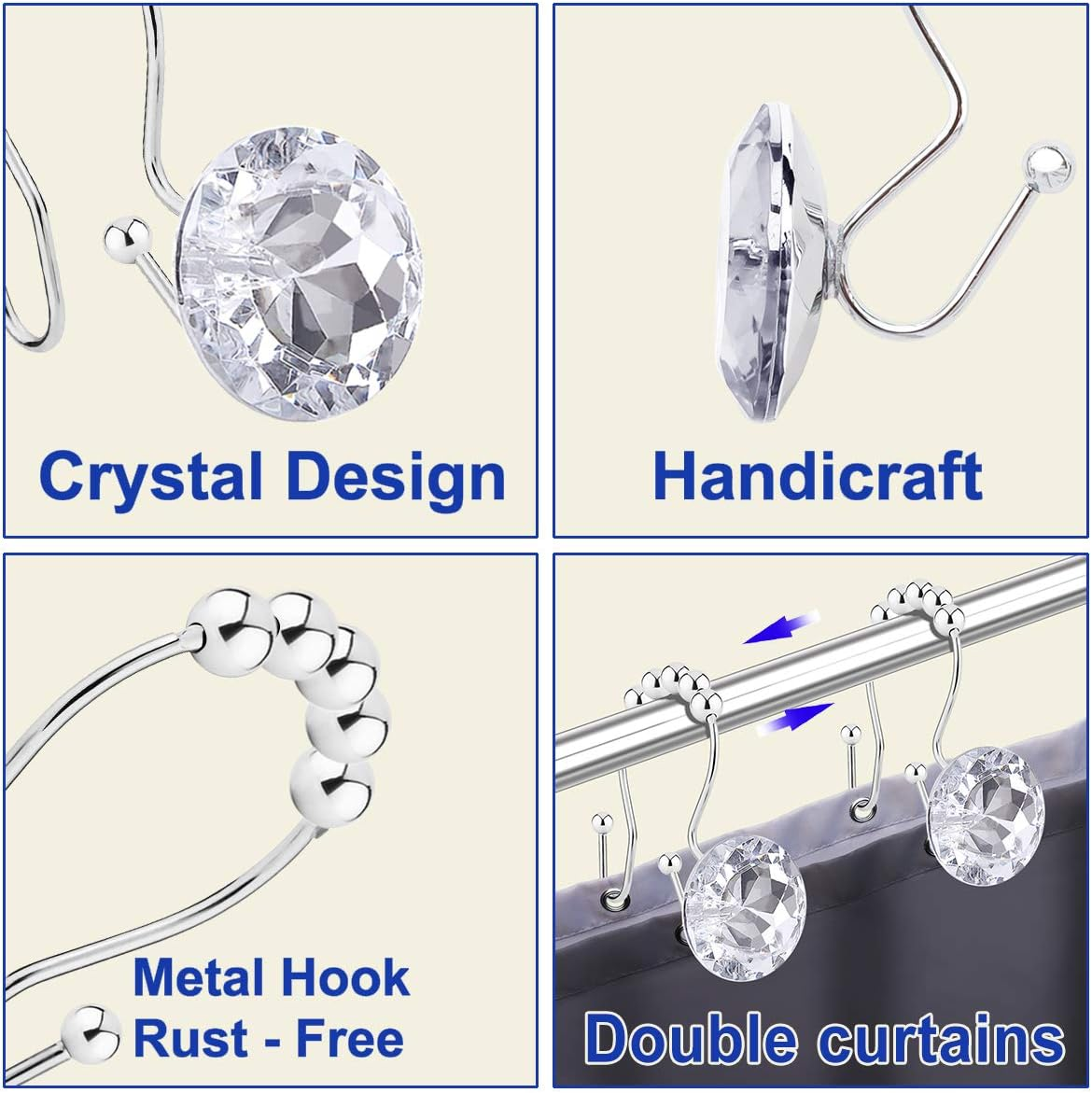 Yapicoco 12PCS Shower Curtain Hooks Rings for Bathroom, Double Hooks Glide anti Rust Crystal Rhinestones Hooks Rods Curtains and Liner (Crystal White) - Aqua Blue image number 6