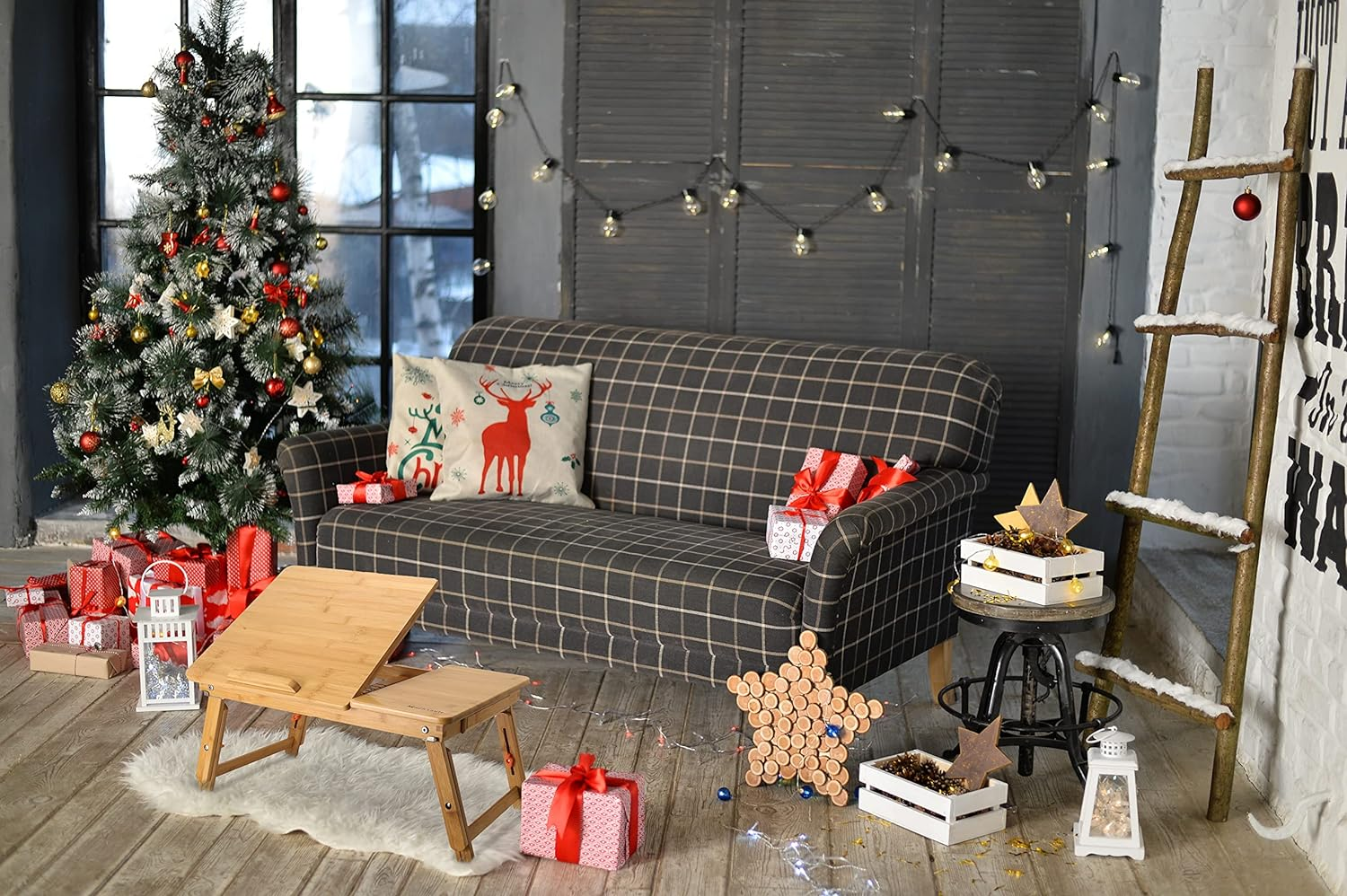 Laptop Desk Nnewvante Table Adjustable 100% Bamboo Foldable Breakfast Serving Bed Tray W' Tilting Top Drawer image number 1