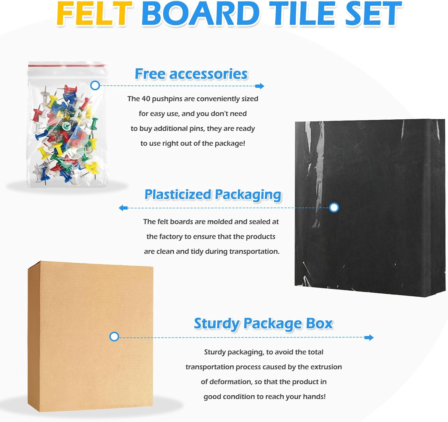 Large Cork Board Alternative, 4 Pack 12&rdquo; X 12&rdquo; Self Adhesive Felt Bulletin Board Wall Panels, Pin Board, Felt Wall Tiles for Home, Office with 40 Push Pins(Black)