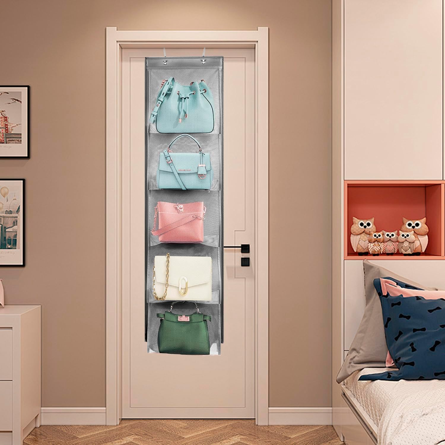 TEMUORG 2 Pcs Hanging Handbags Organizer Closet Scarf Clothes Towels Holder Purse Bag Storage with Easy Access Deep Pockets (One Side) image number 1