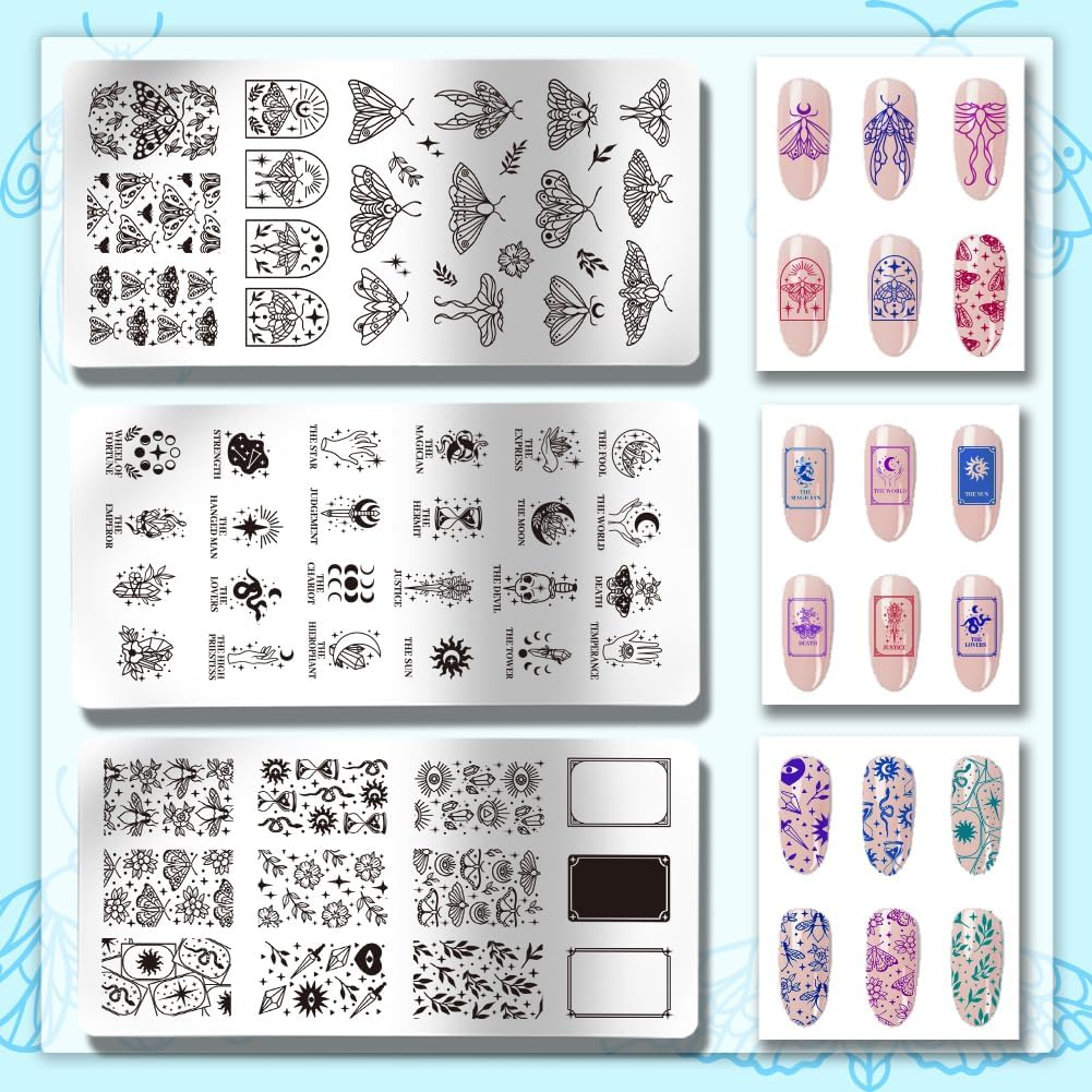 PH Pandahall 3Pcs Tarot Nail Art Stamping Plate, 63 Patterns Fantasy Moth Nail Stamping Fantasy Elements Nail Stamp Plate Pressure Nail Stencils Nail Picture Plates Made of Stainless Steel for Nail image number 4