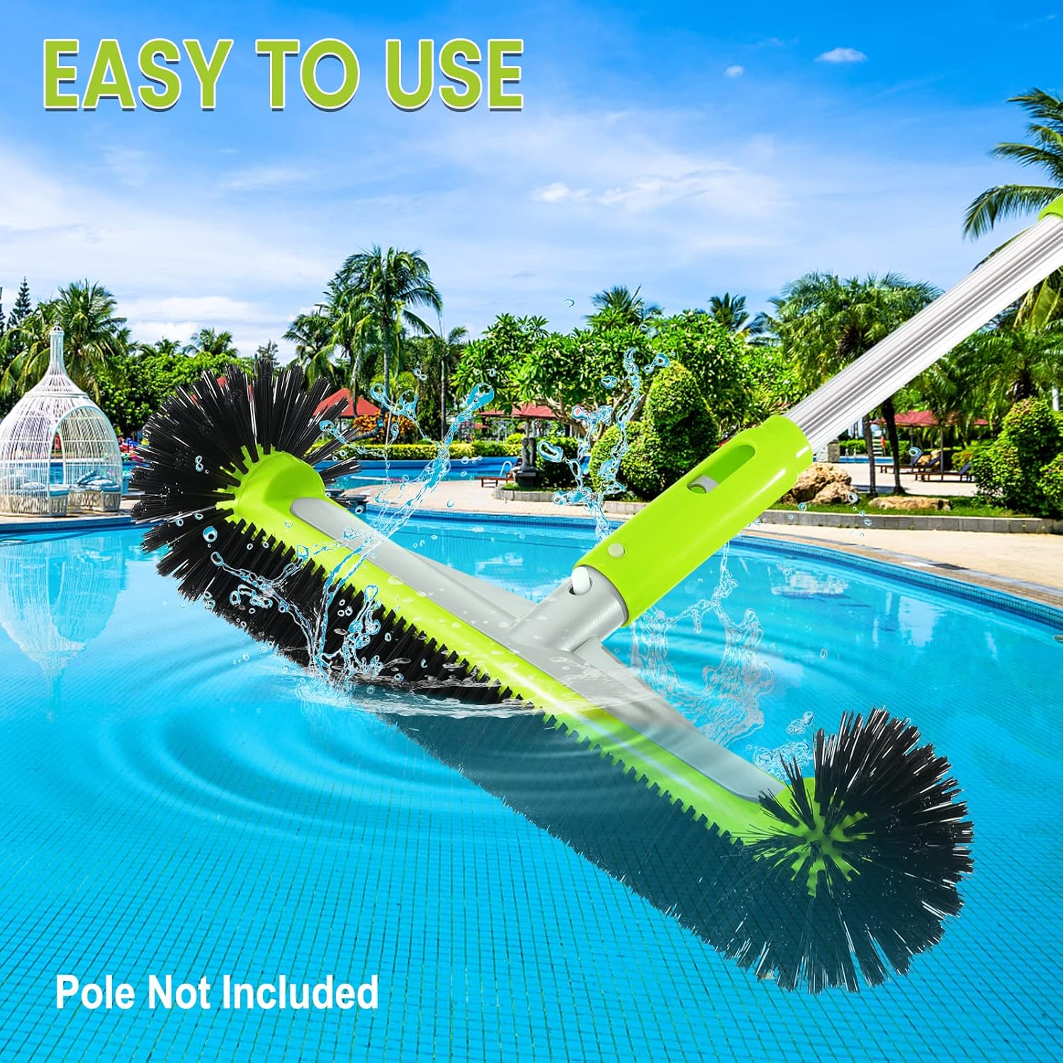 Swimming Pool Brush Head with round Ends,17.5" Heavy Duty Aluminum Back Head for Cleans Walls, Tiles & Floors, 7 Rows Premium Nylon Bristles with EZ Clips (Green Black) image number 4