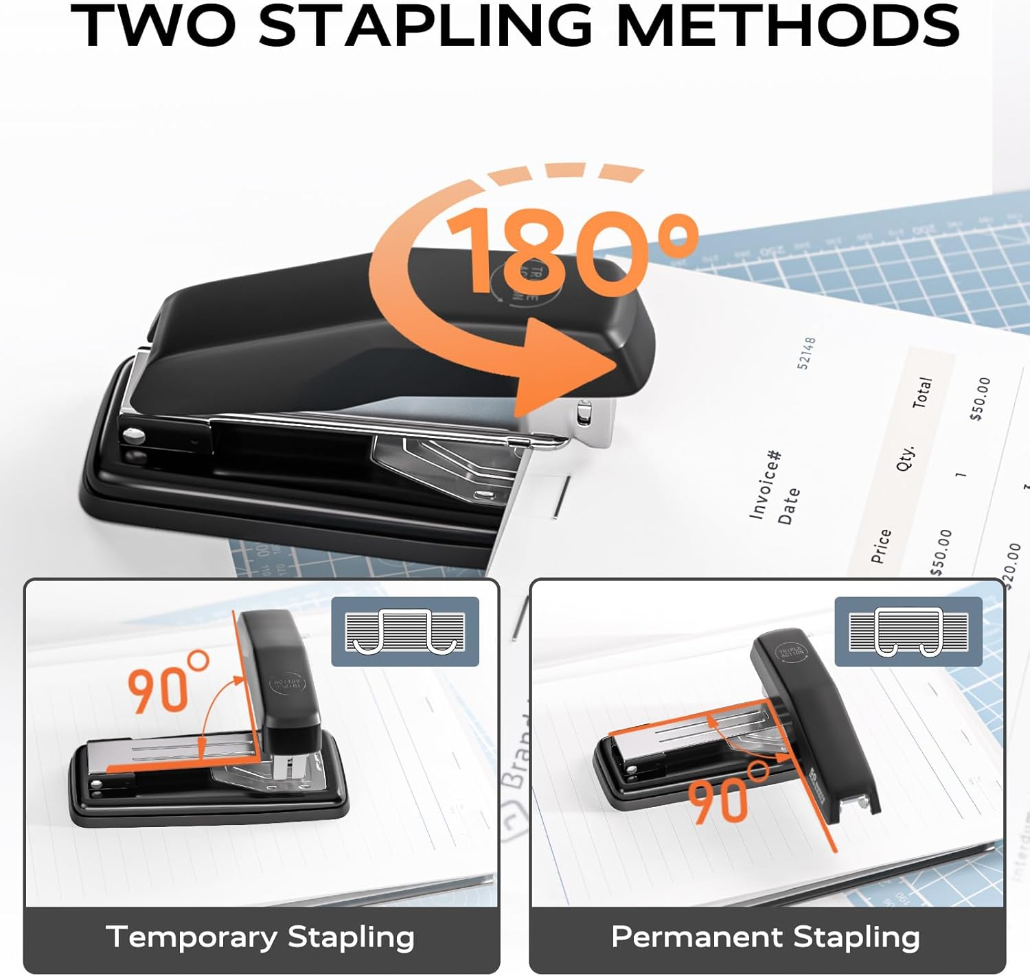 Desktop Stapler, Swing-Arm Swivel Stapler, 50 Sheet Capacity, 2000 Staples and Staple Remover, Rotatable Heavy Duty Staplers for Office, Home, Classroom, Booklet, Book Binding,Black image number 3