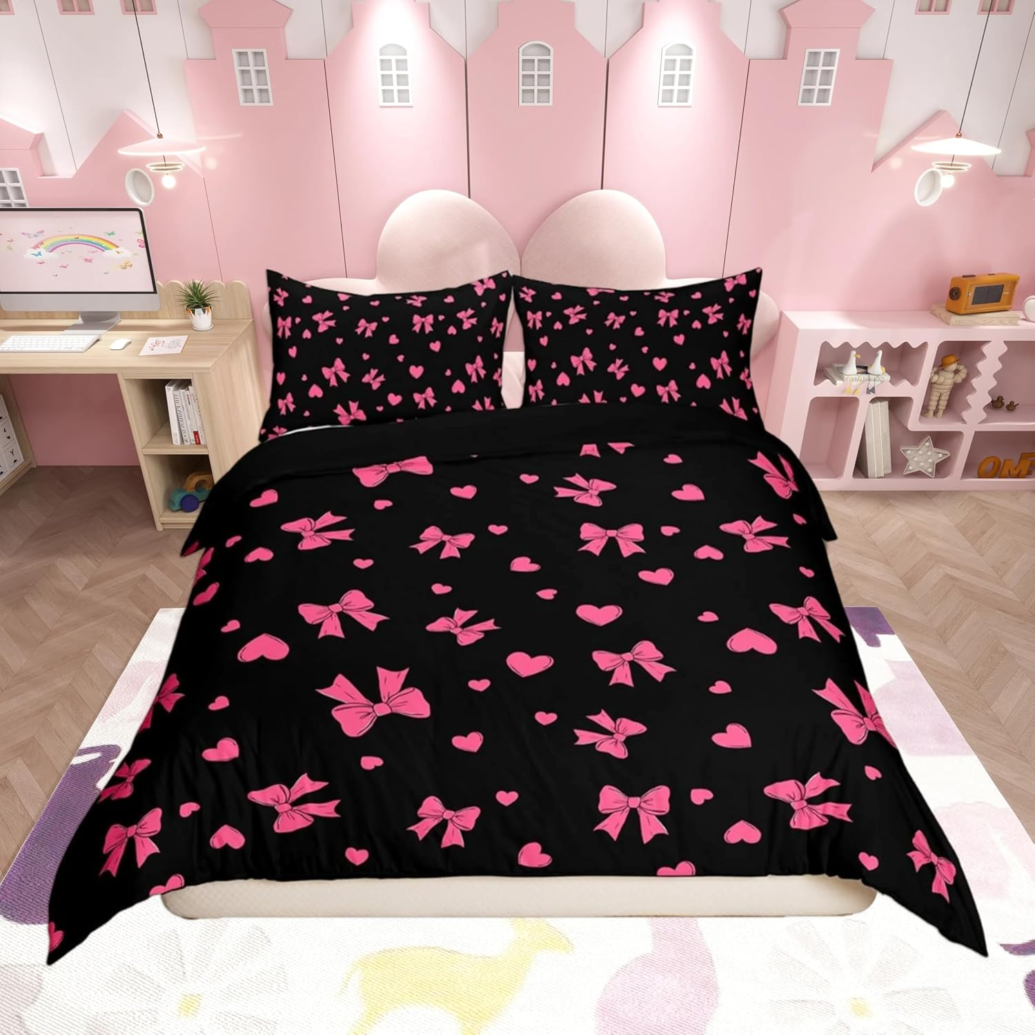 Homemissing Black White Bowknot Duvet Cover Set Double Size for Kids Girls Teens Bedroom Cute Coquette Bow Bedding Set Rose Bow Ribbon Comforter Cover with 2 Pillowcases