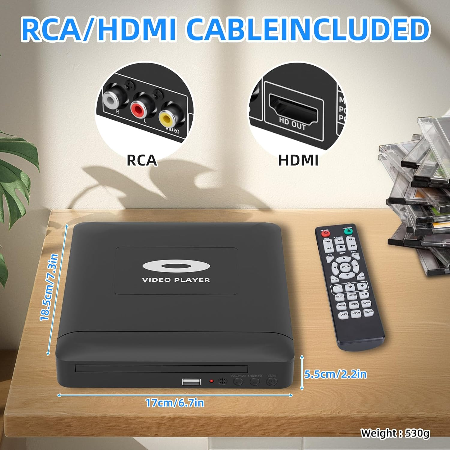 Mini HD DVD Player with Hdmi, HD DVD Player for TV, Multi Region DVD Player for Smart TV, HDMI/RCA Output Cable Included, 1080P, Breakpoint Memory,Not Blu-Ray, Built-In PAL/NTSC, CD Players for Home image number 3