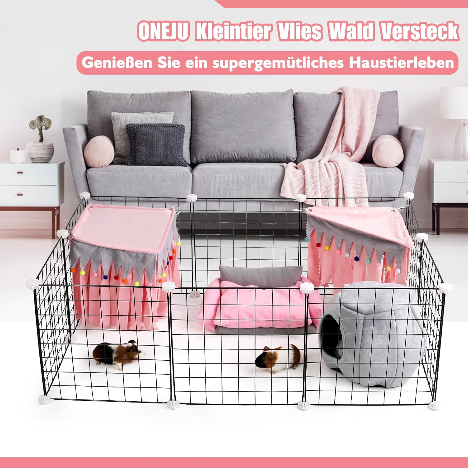 ONEJU Guinea Pig Hideout, Hideout for Guinea Pig, Guinea Pig Hideouts, Four-Sided Guinea Pig Hideouts for Guinea Pig, Bunny, Hamster, Chinchilla, Rabbit without Metal Fences - Pink image number 1