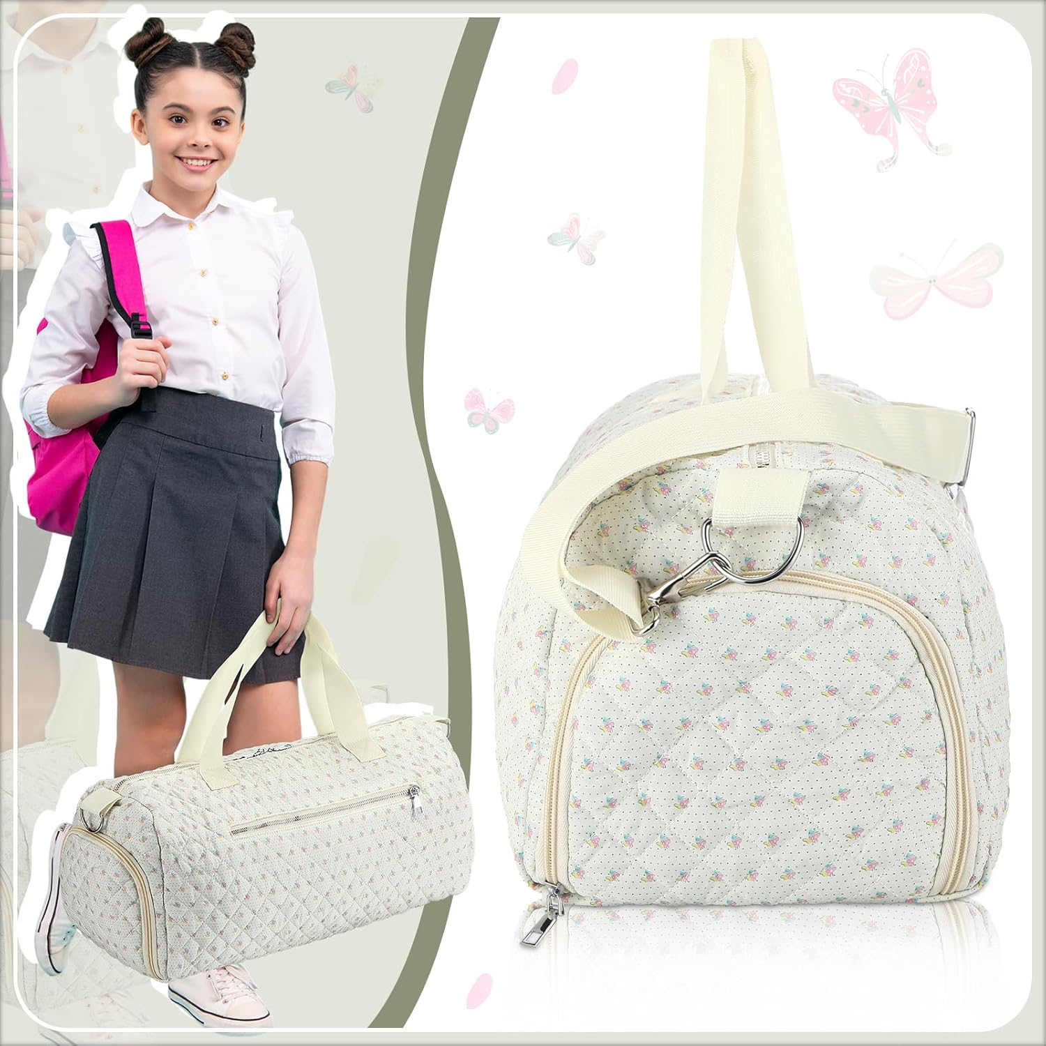 Dansydaisy Quilted Duffle Bag for Women Cotton Dance Bag with Adjustable Carry Strap and Handy Pouch Floral Backpack for Dancers, Colorful, 18.9 X 9.45 X 8.66 Inches / 48 X 24 X 22 Cm, Colorful Floral image number 5