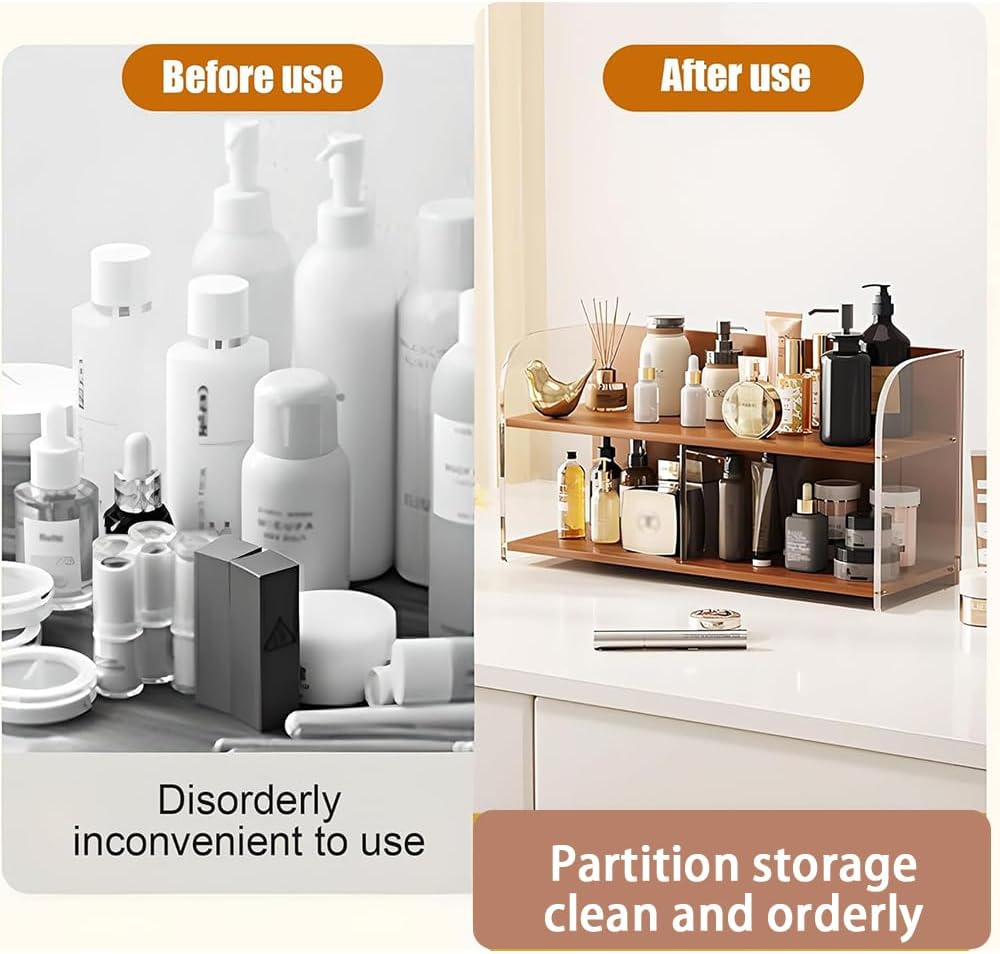 Shukitechi Bamboo Cosmetic Organizer, Large 2-Tier Vanity Storage Shelf for Makeup, Skincare and Bathroom Countertop Organisation, Multi-Purpose Desk and Vanity Organizer image number 6