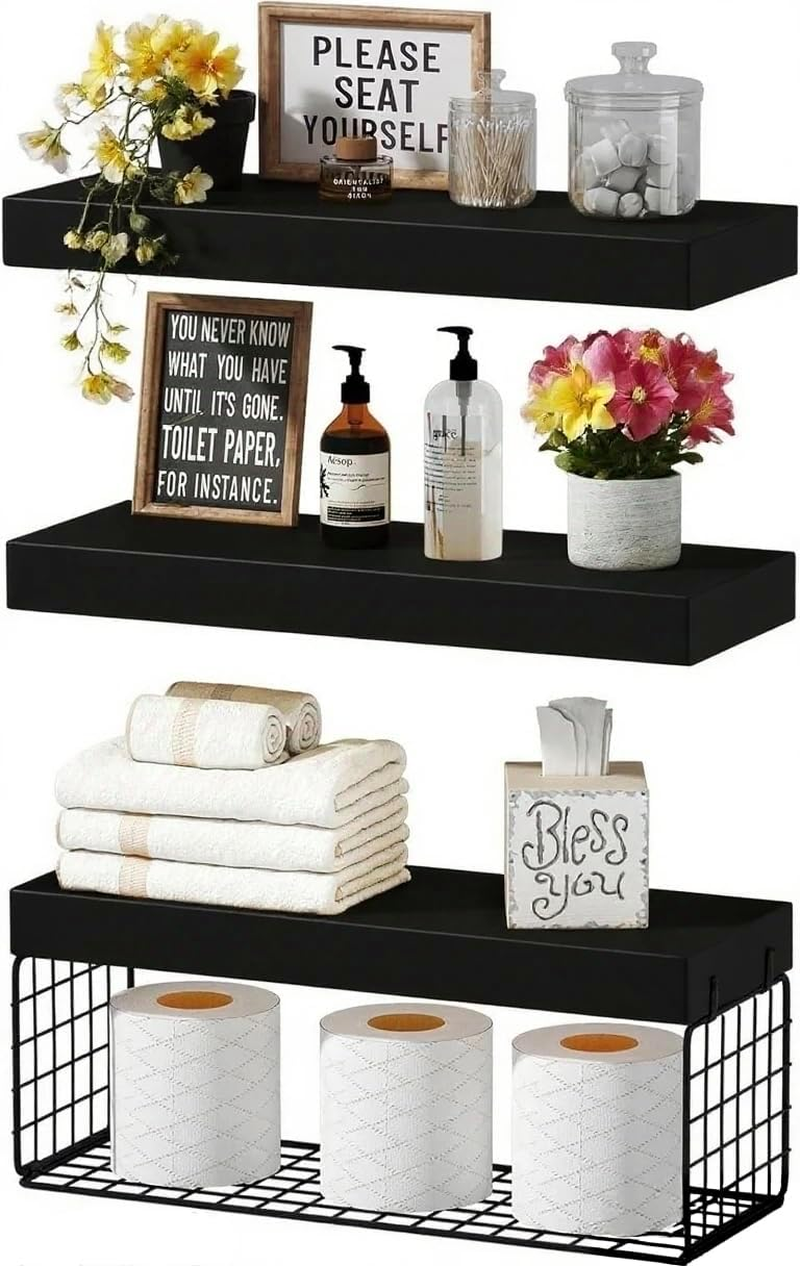 Bathroom Shelves over Toilet - Wall Mounted Floating Shelves Toilet Paper Storage Small Farmhouse Decor Shelf Set of 3, Black image number 5